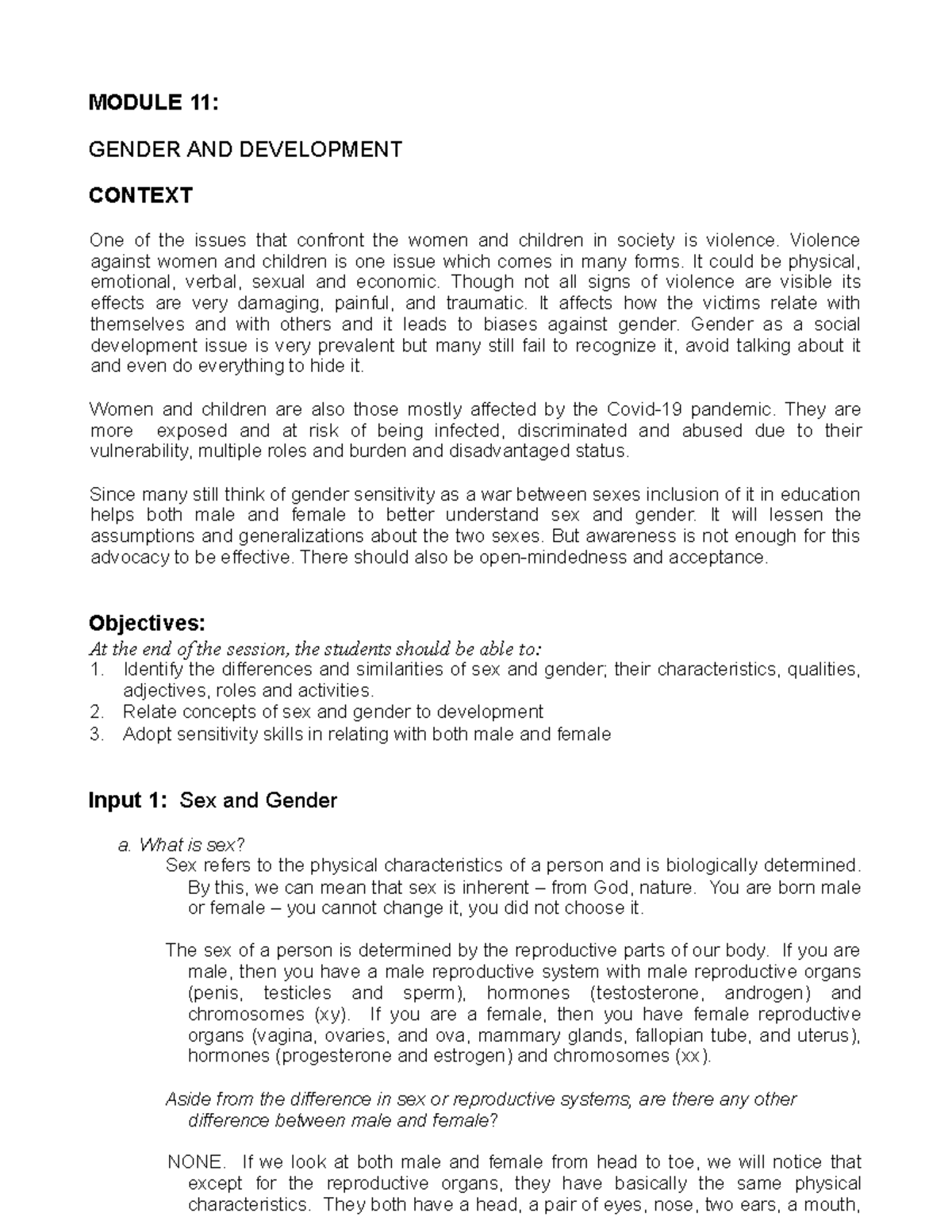 Gender AND Development - MODULE 11: GENDER AND DEVELOPMENT CONTEXT One ...