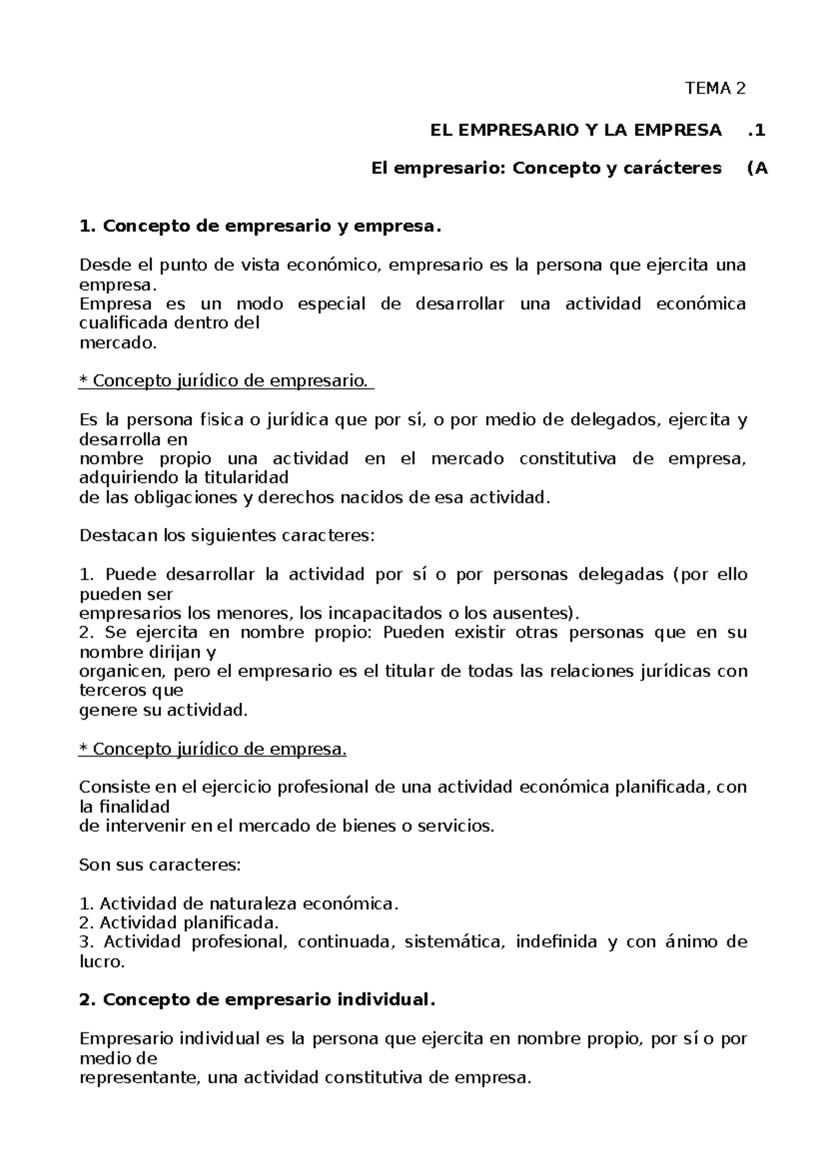 TEMA 2 Resumen DERECHO MERCANTIL - TEMA 2 EL EMPRESARIO Y LA EMPRESA 1 ...