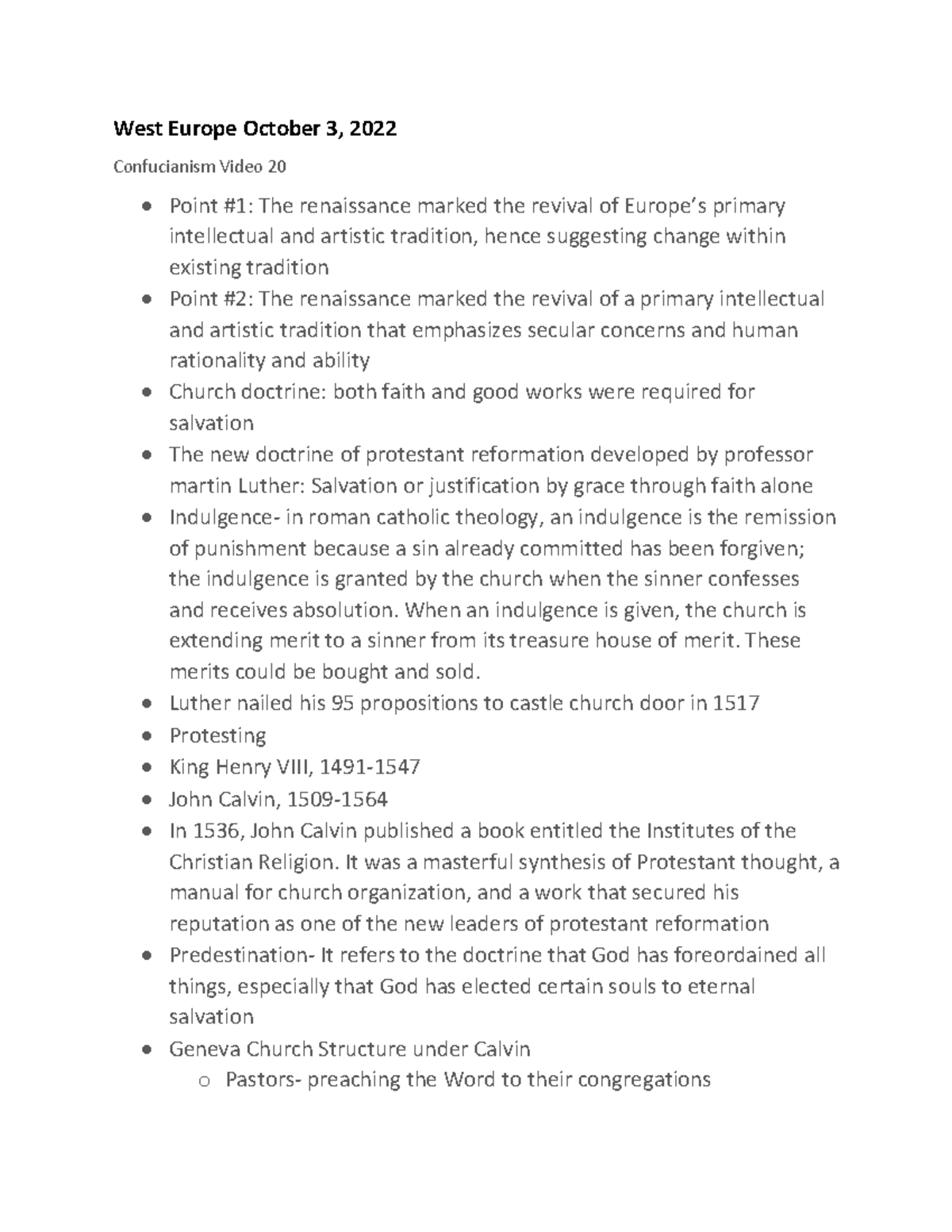 World History I Notes - West Europe October 3, 2022 Confucianism Video ...