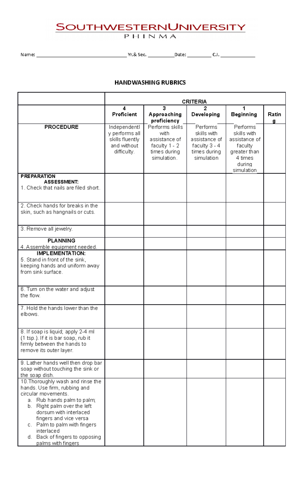 A Rubrics In Handwashing Retdem Name Yr Sec Studocu