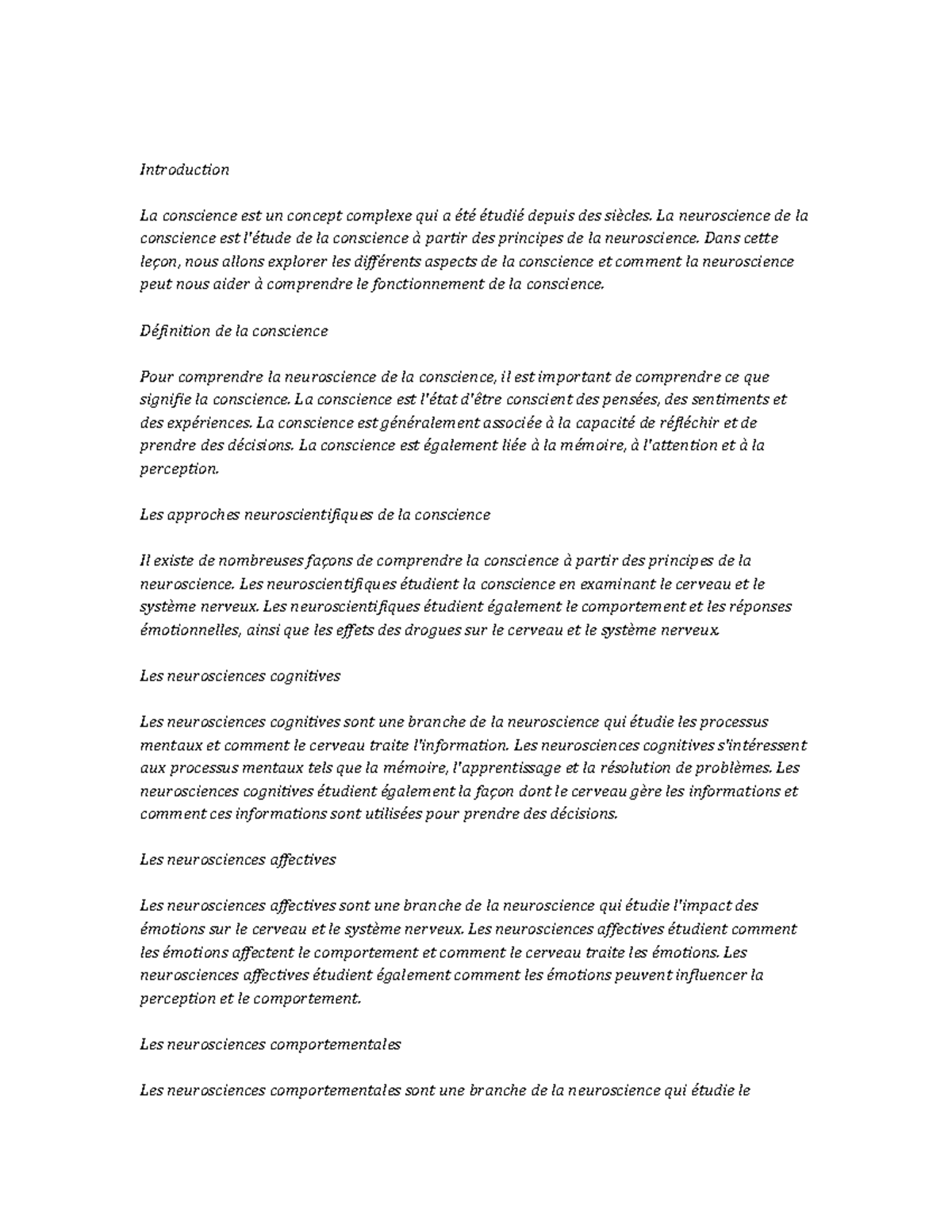 Neuroscience of Consciousness Notes de cours - Introduction La ...