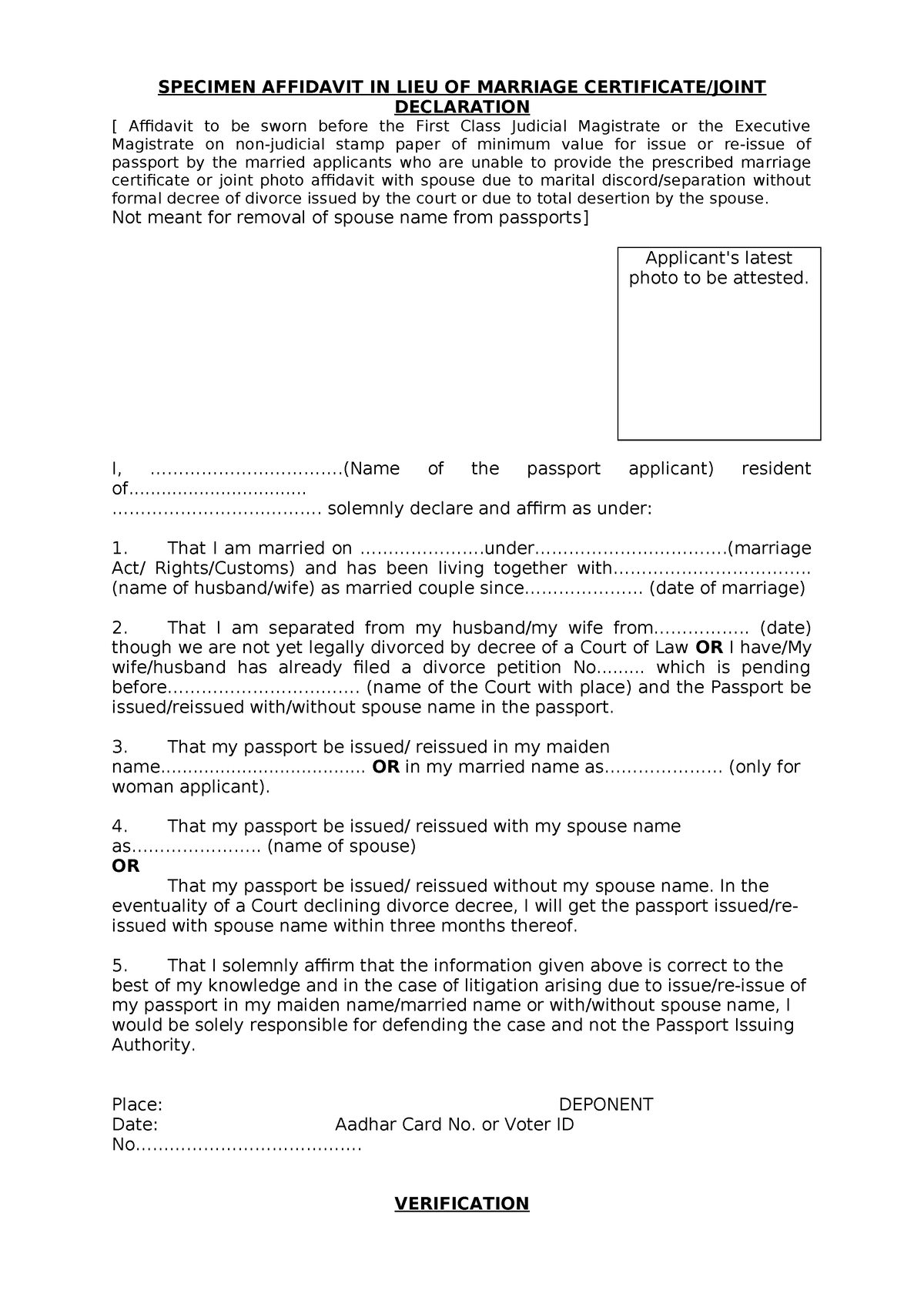 Specimen Affidavit In Lieu Of Marriage Certificate Specimen Affidavit In Lieu Of Marriage 8871