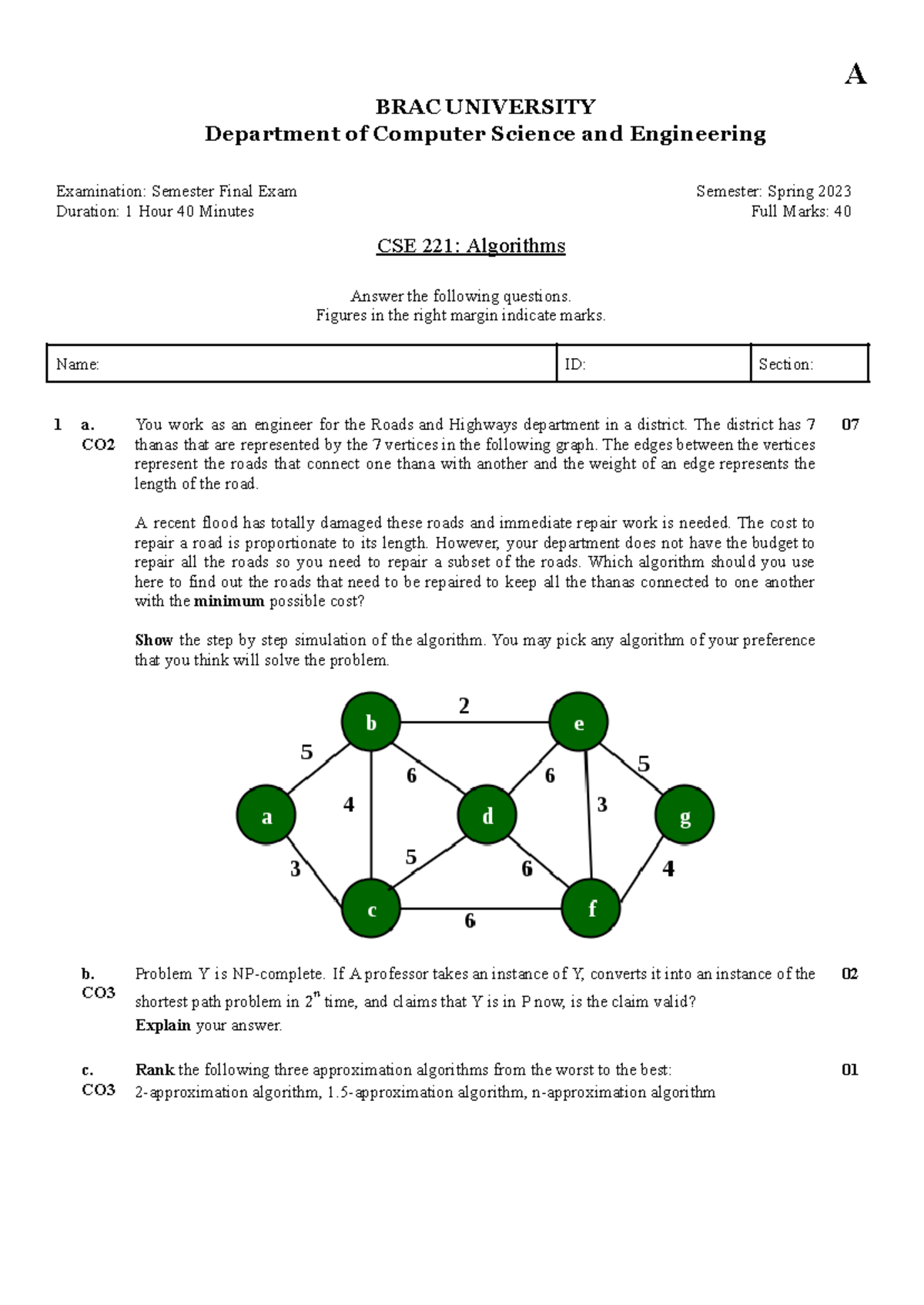 CSE221-final-sp23 - it is a question - A BRAC UNIVERSITY Department of ...