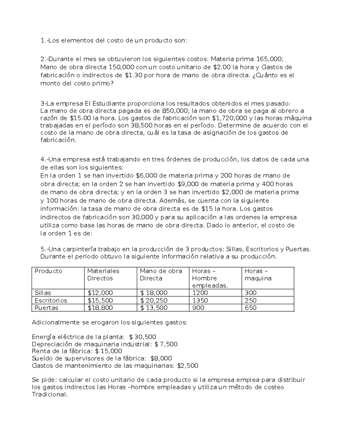 Ejercicios DE Costo SEPT 24 tasa y metodos de costeo - 1.-Los elementos ...