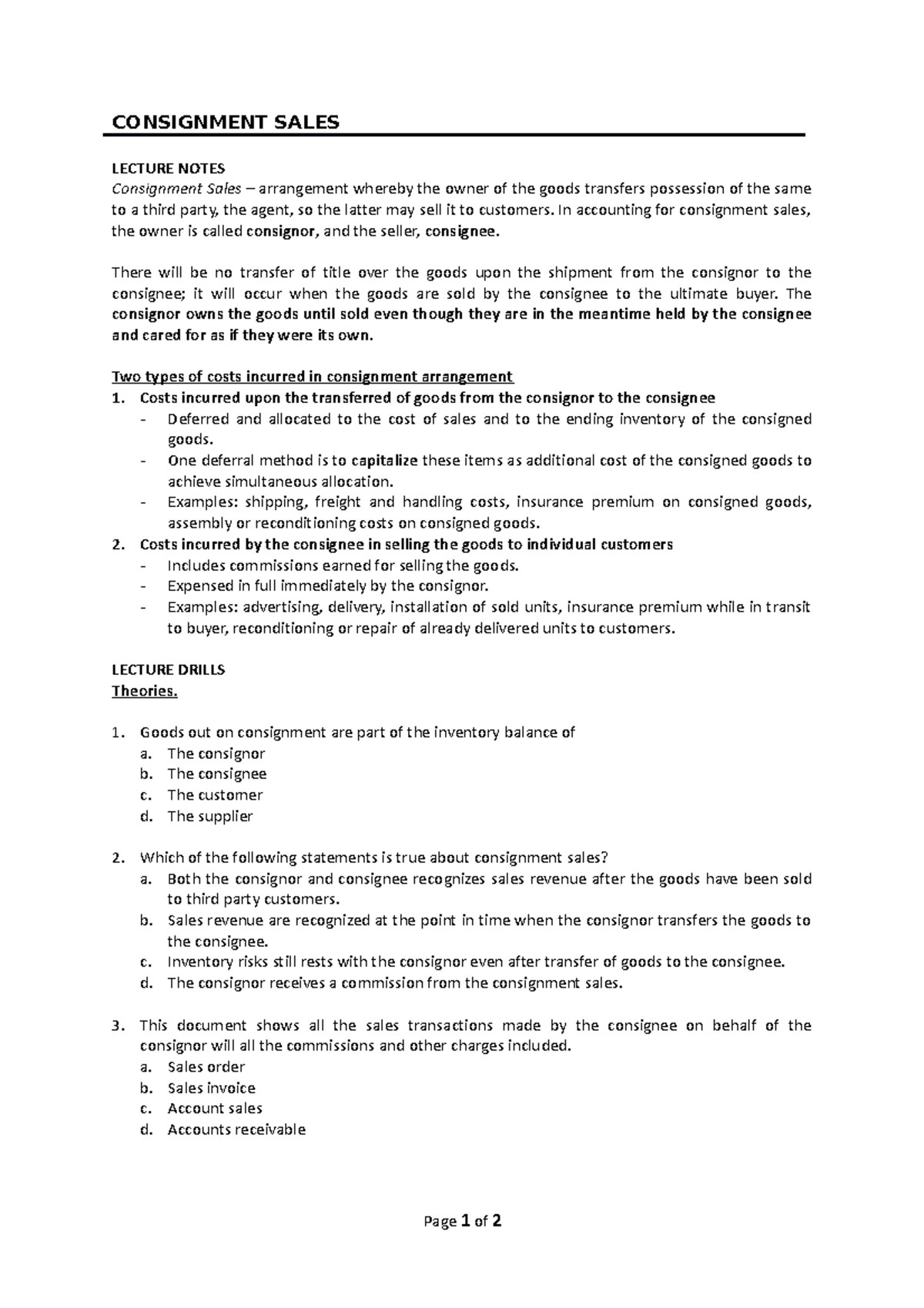 09 Consignment Sales CONSIGNMENT SALES LECTURE NOTES Consignment