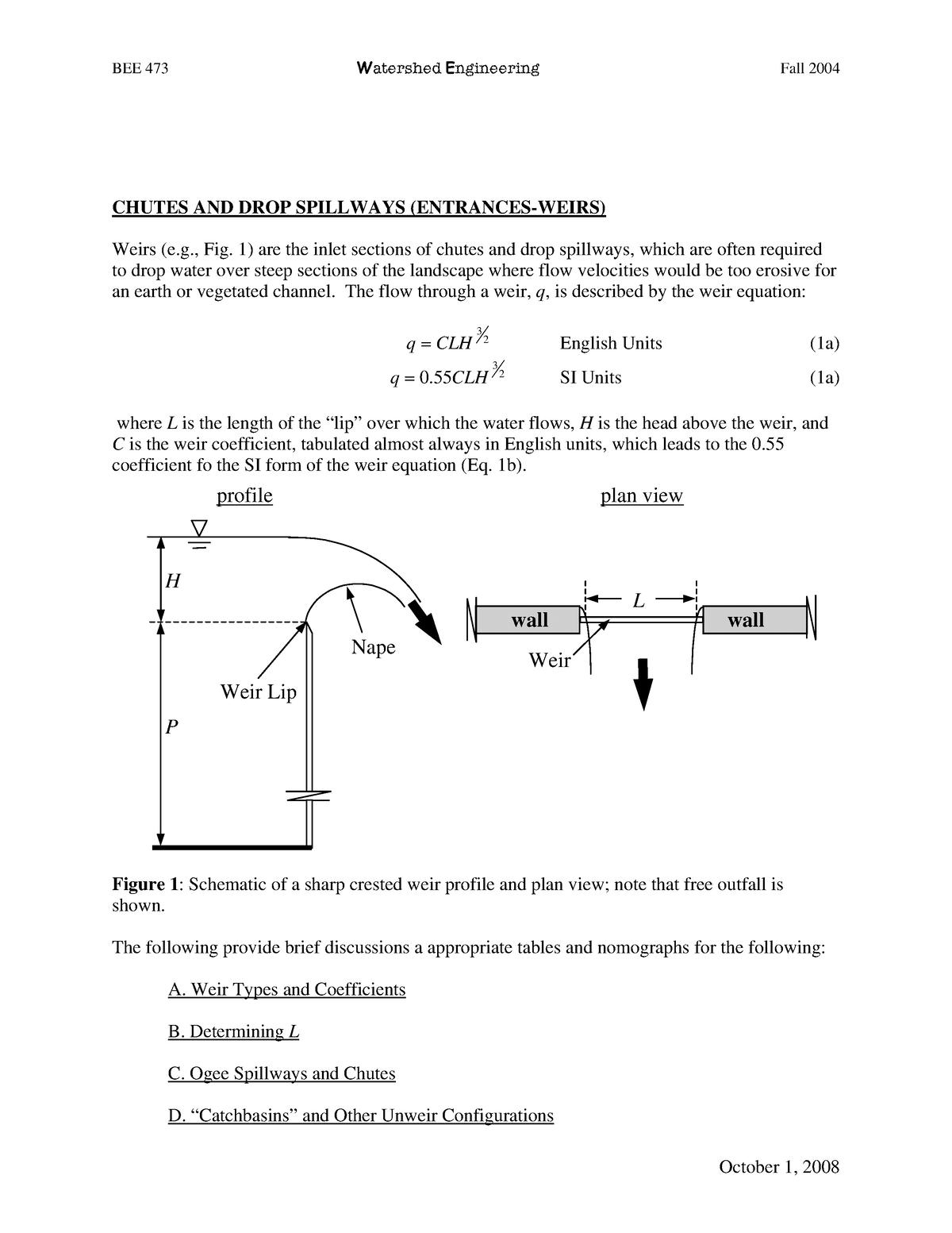 Chutes AND DROP Spillways Entrances WEIR - BEE 473 Watershed ...