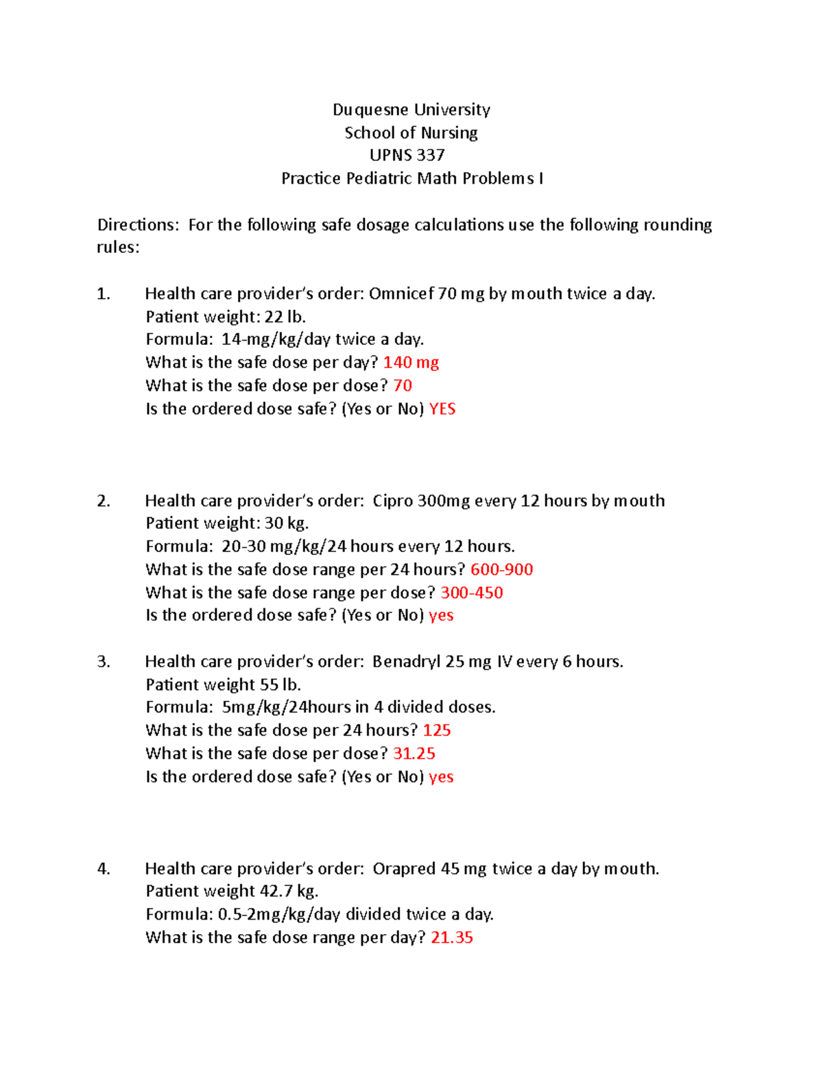 Pediatric Math Practice Problems I 1 1 Key 3 Duquesne University