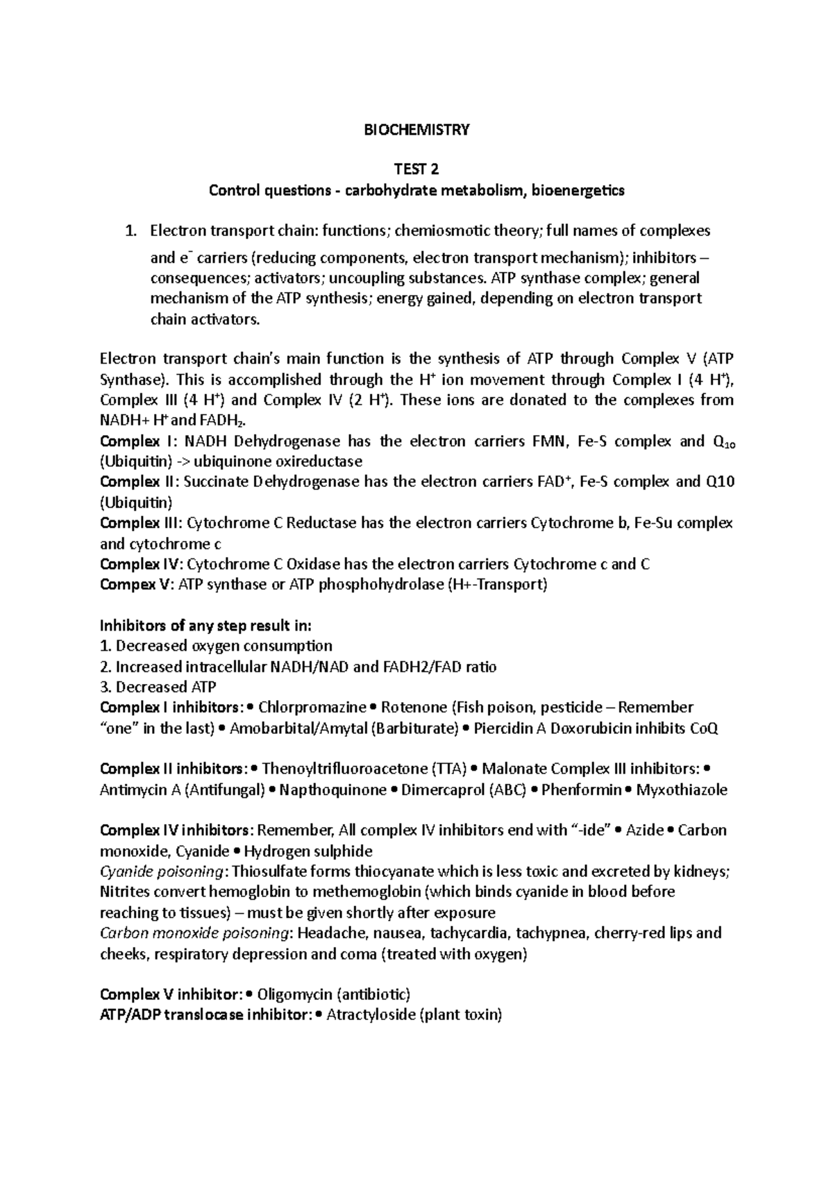Biochemistry P2 Summary BIOCHEMISTRY TEST 2 Control questions