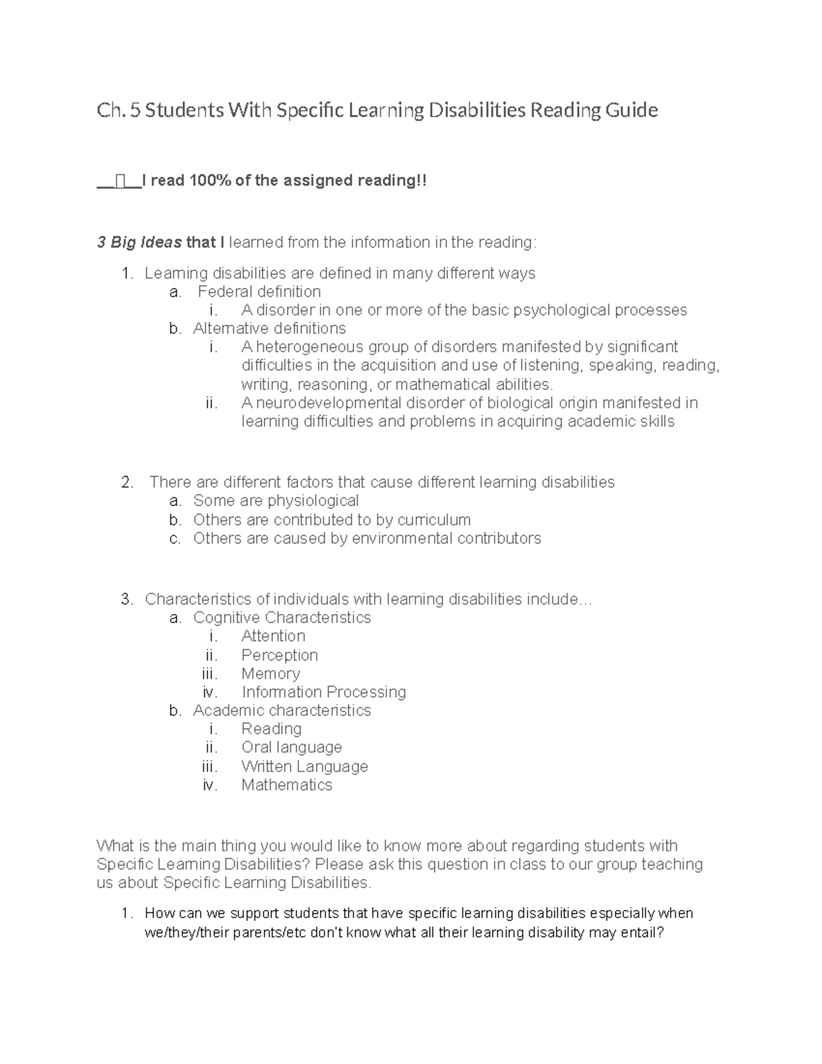 Ch. 5 Students With Specific Learning Disabilities Reading Guide - Ch ...