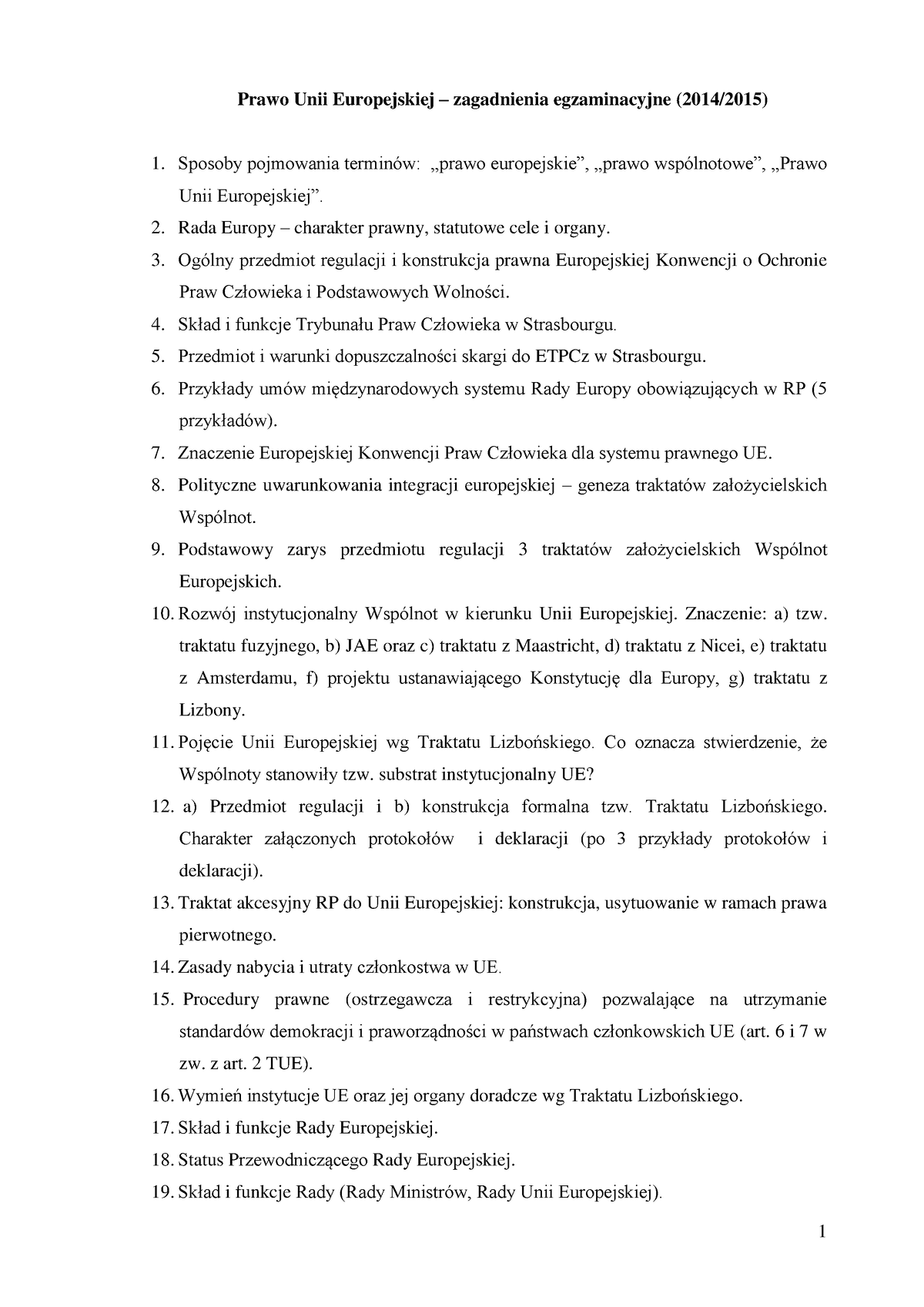 Pytania Egzaminacyjne - Prawo Ue 2014-2015 - Prawo Unii Europejskiej ...