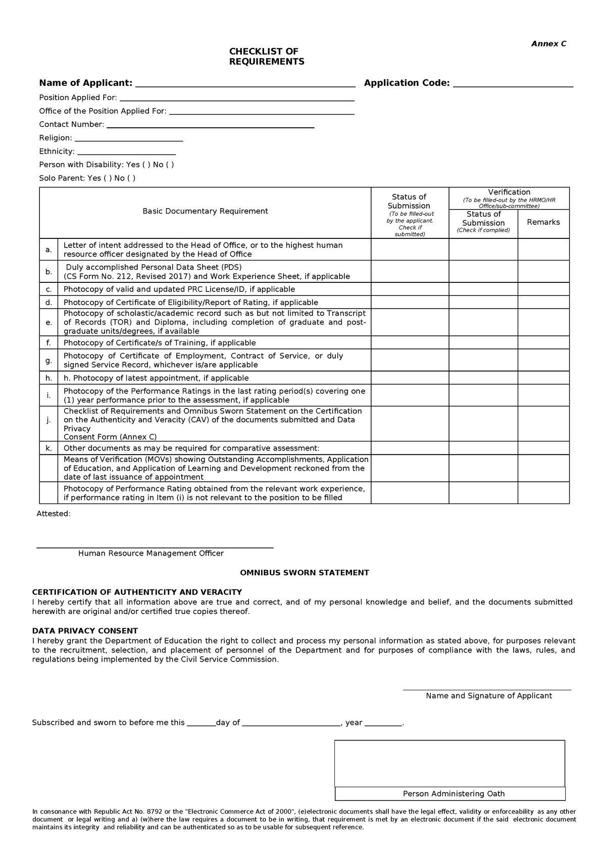 Annex C Checklist of Requirements and Omnibus Sworn Statement