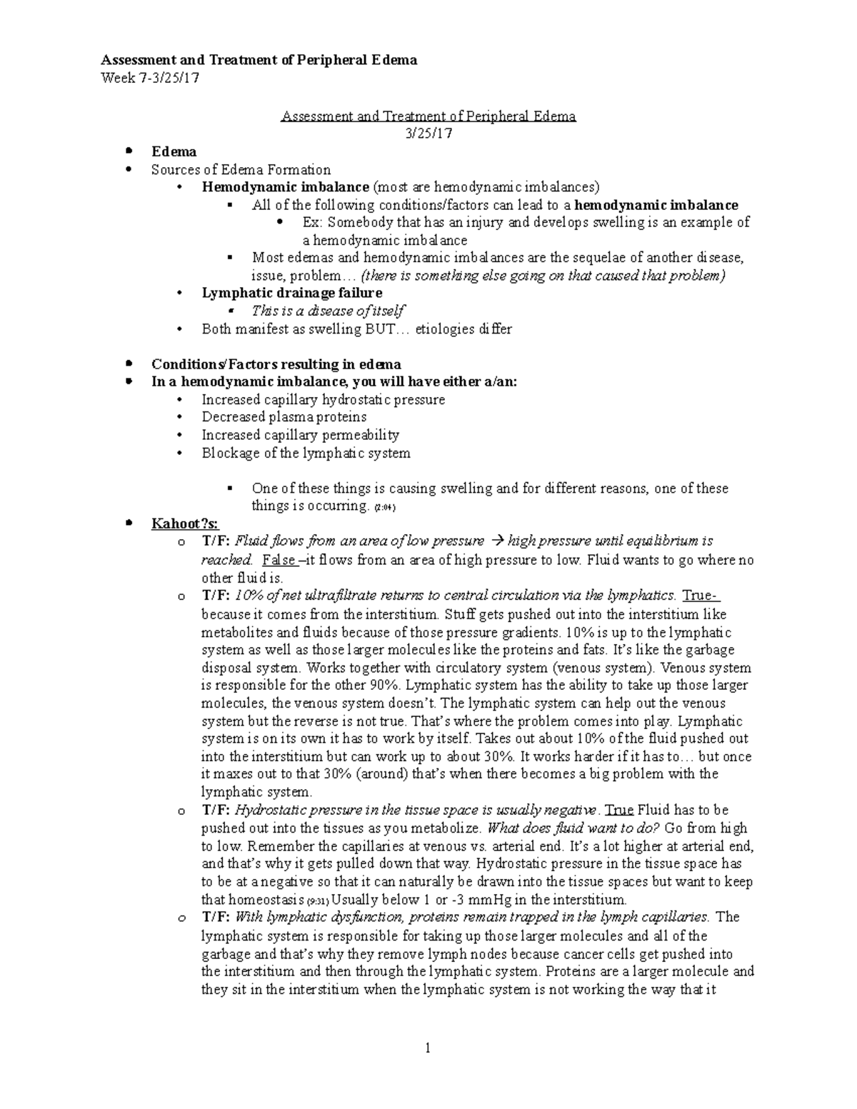 Assessment and Treatment of Peripheral Edema - Week 7-3/25/ Assessment ...