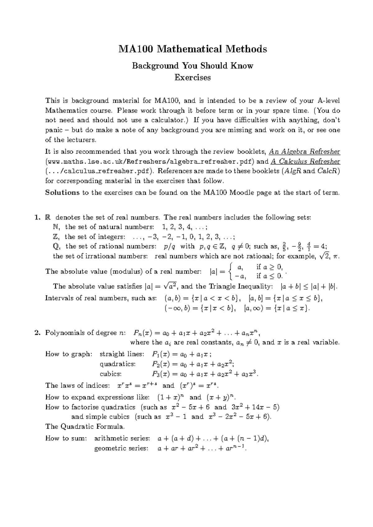 MA100 Background Exercises - MA100 Mathematical Methods Background You ...