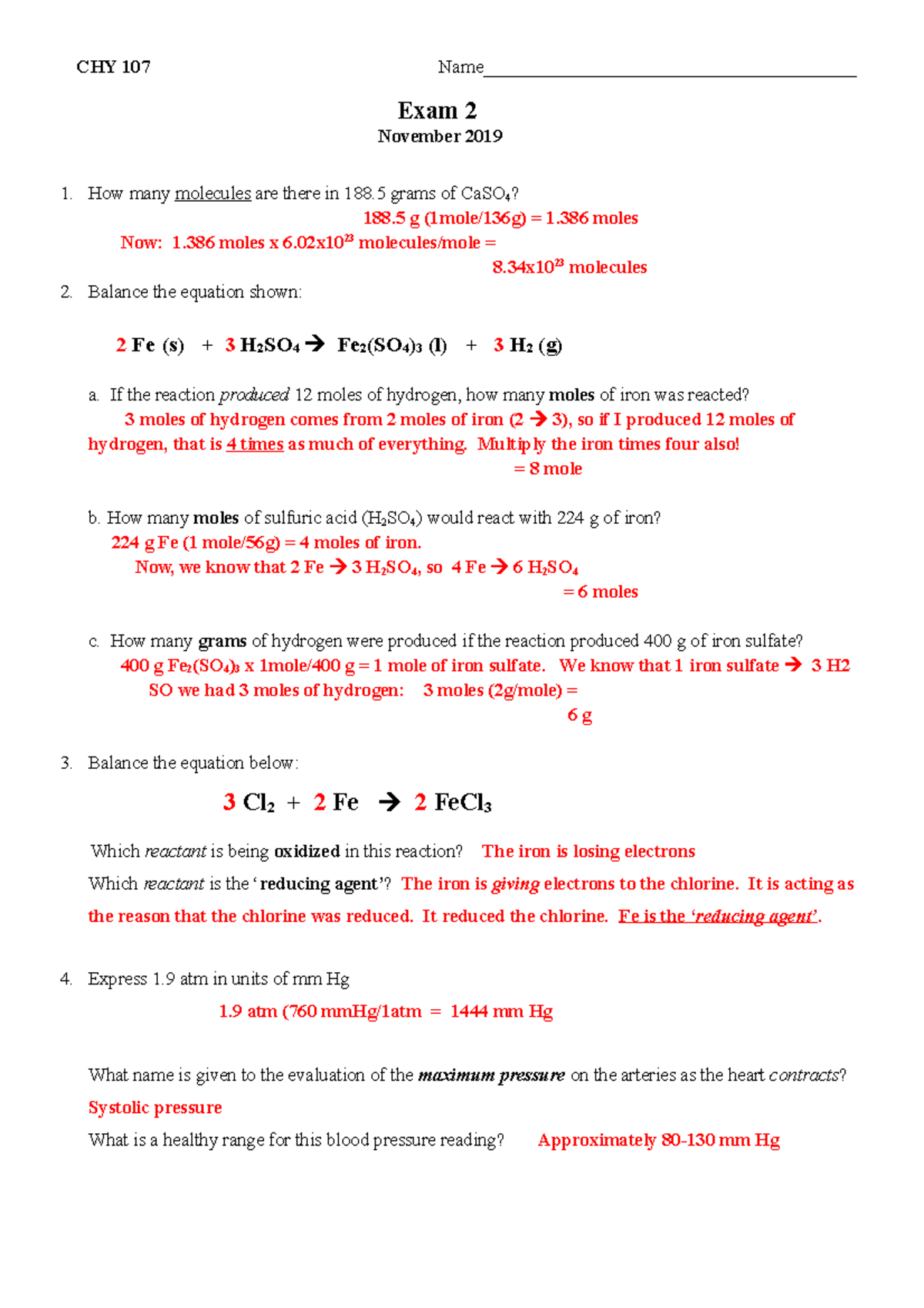 Exam 2 - Fall 2019 Answers - CHY 107 Name ...