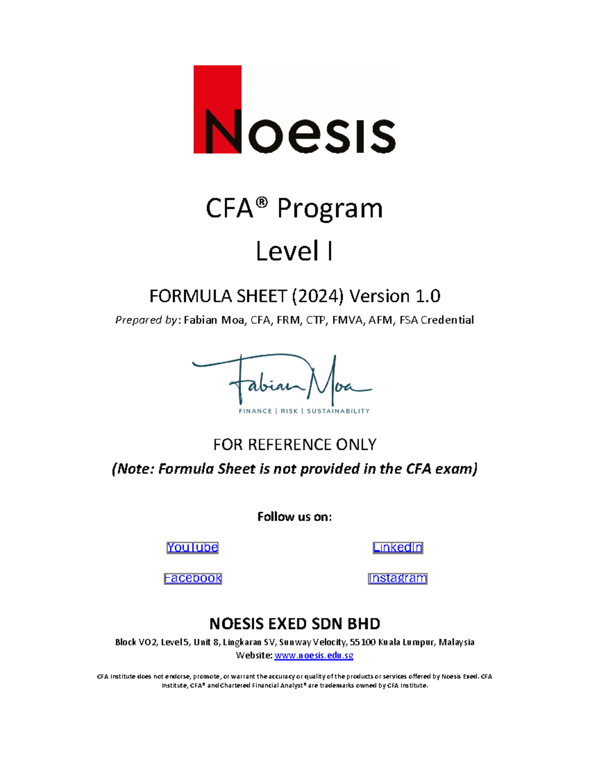 Noesis CFA Level 1 Formula Sheet 2024 - CFA® Program Level I FORMULA ...