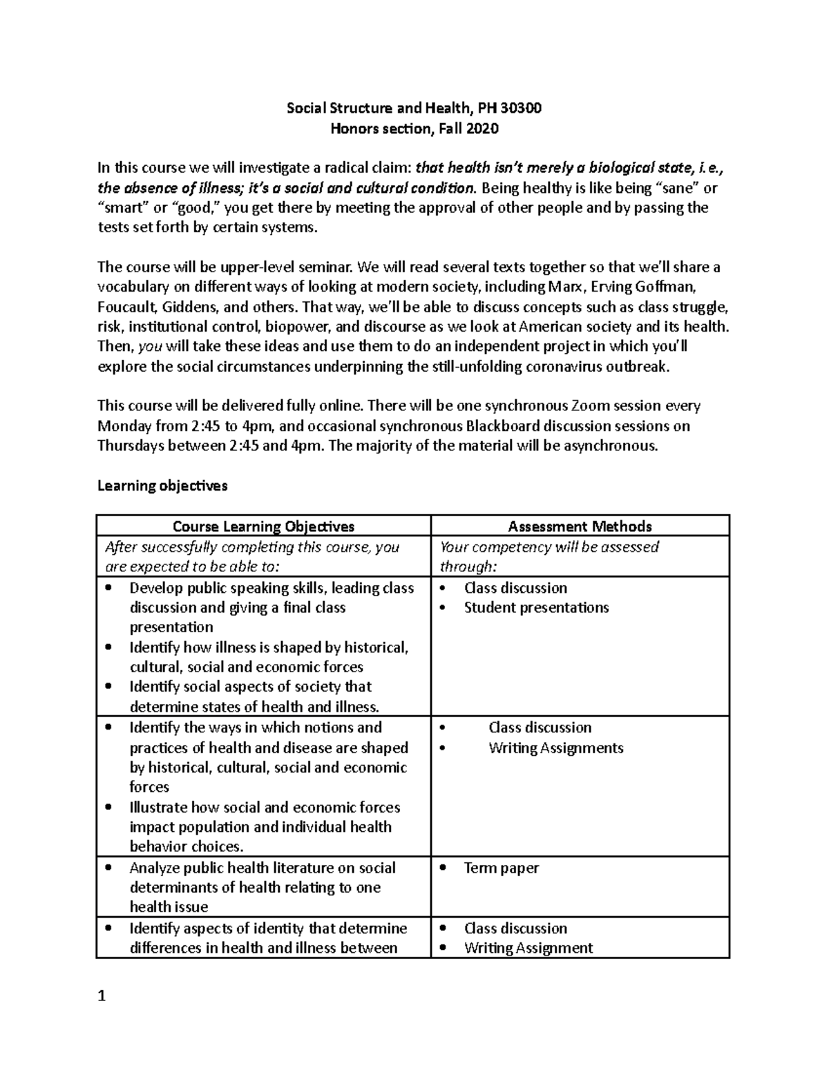 PH 303 syllabus - Social Structure and Health, PH 30300 Honors section ...