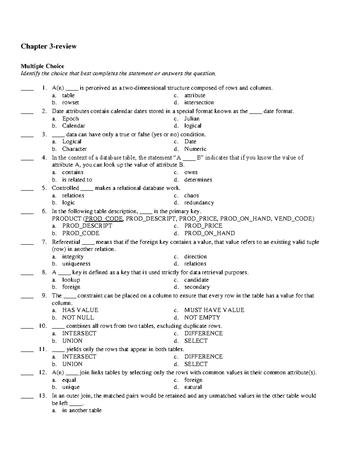 Chapter 3 Review - Chapter 3-review Multiple Choice Identify The Choice ...