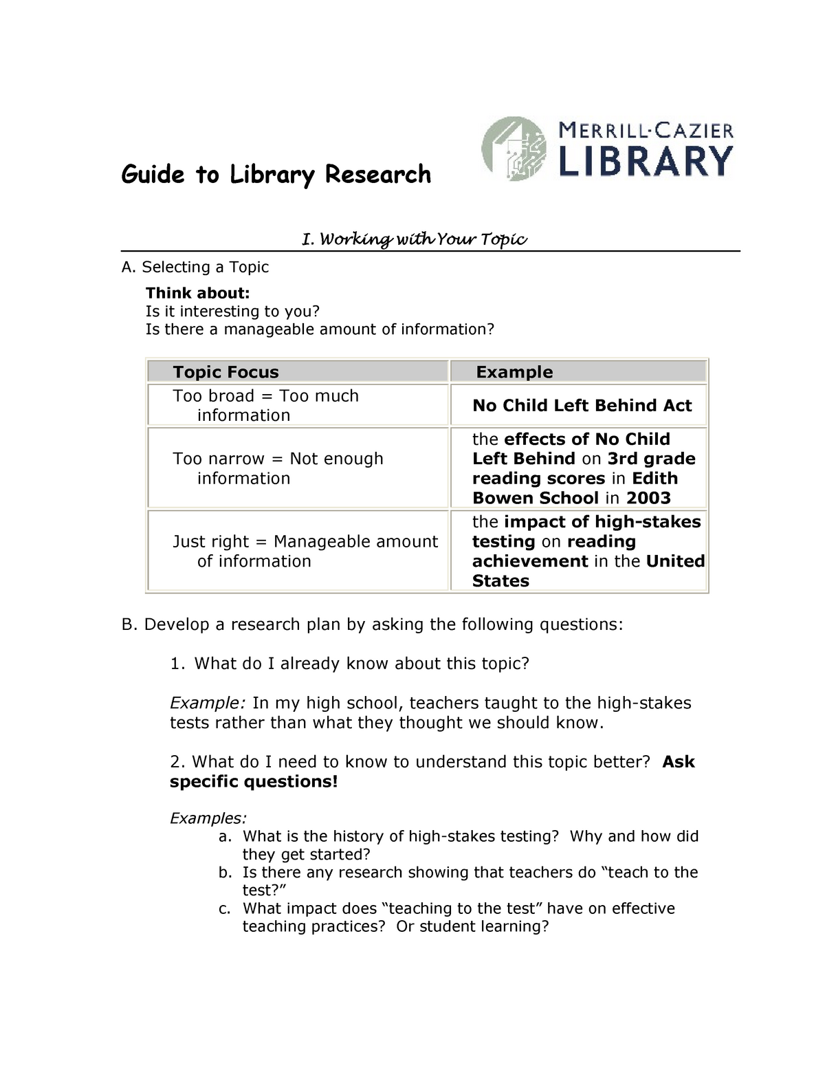 Guide To Library Research - Guide To Library Research I. Working With ...