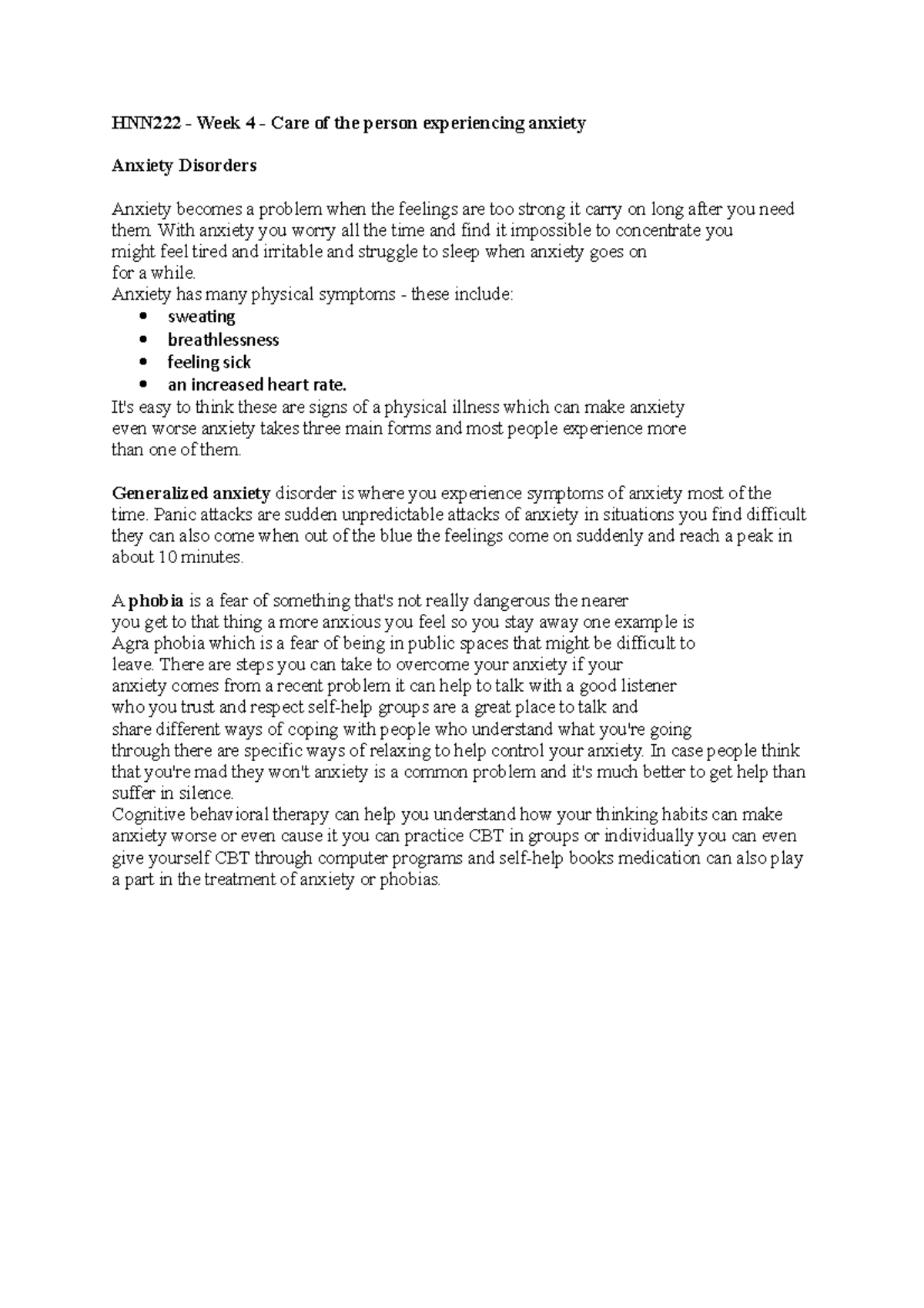 HNN222 Week 4 - notes - HNN222 - Week 4 - Care of the person ...