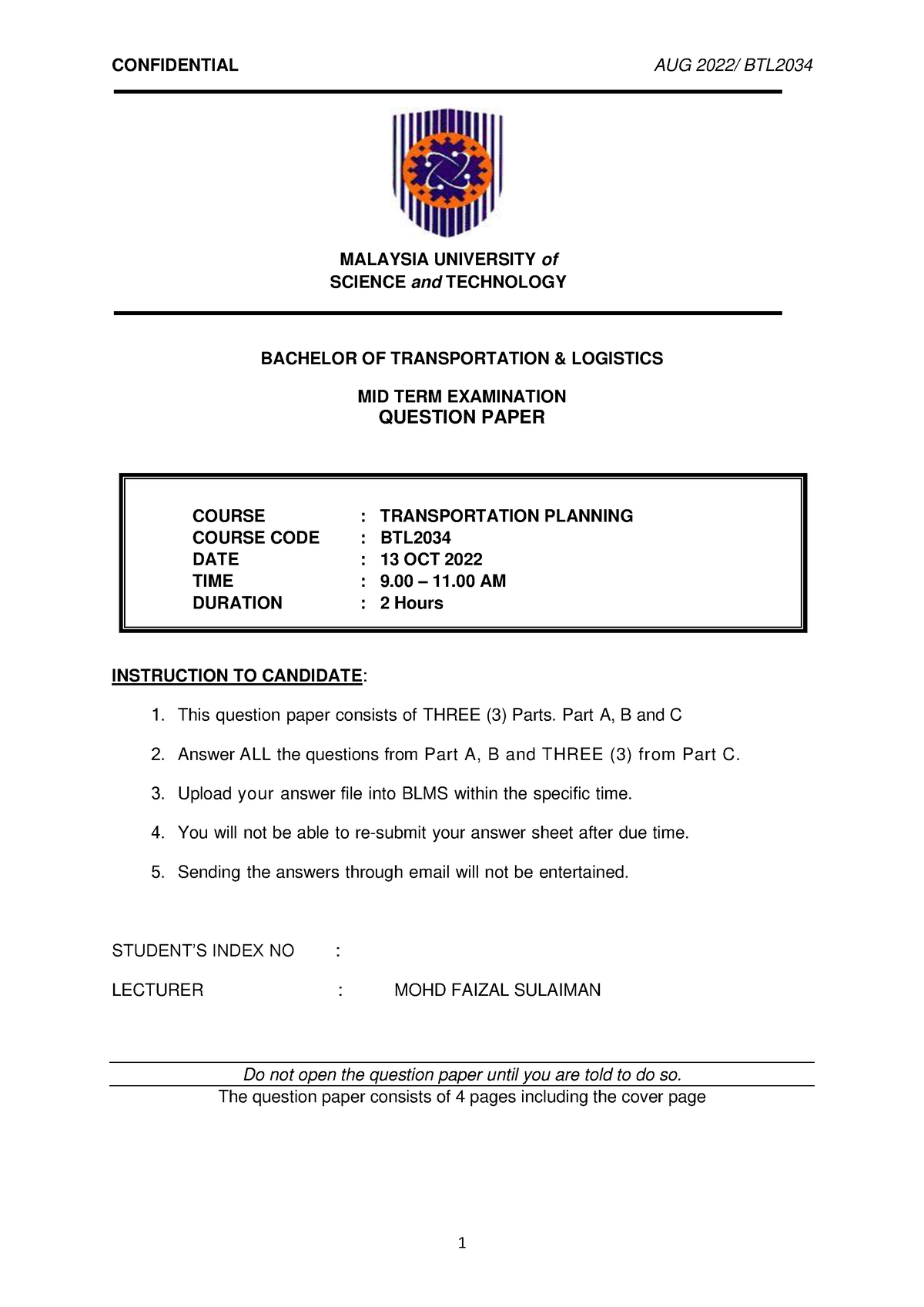 BTL2034 Tpt Planning Mid Term Exam Question - BACHELOR OF ...