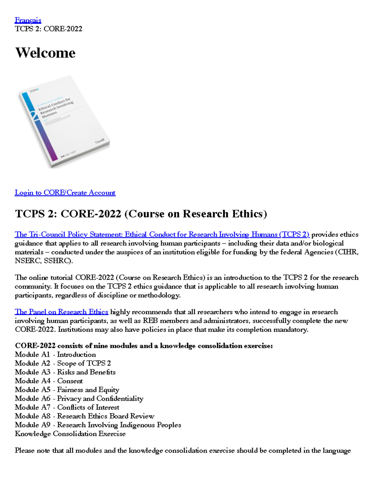 TCPS 2: CORE-2022 - readings - Français TCPS 2: CORE- Welcome Login to ...