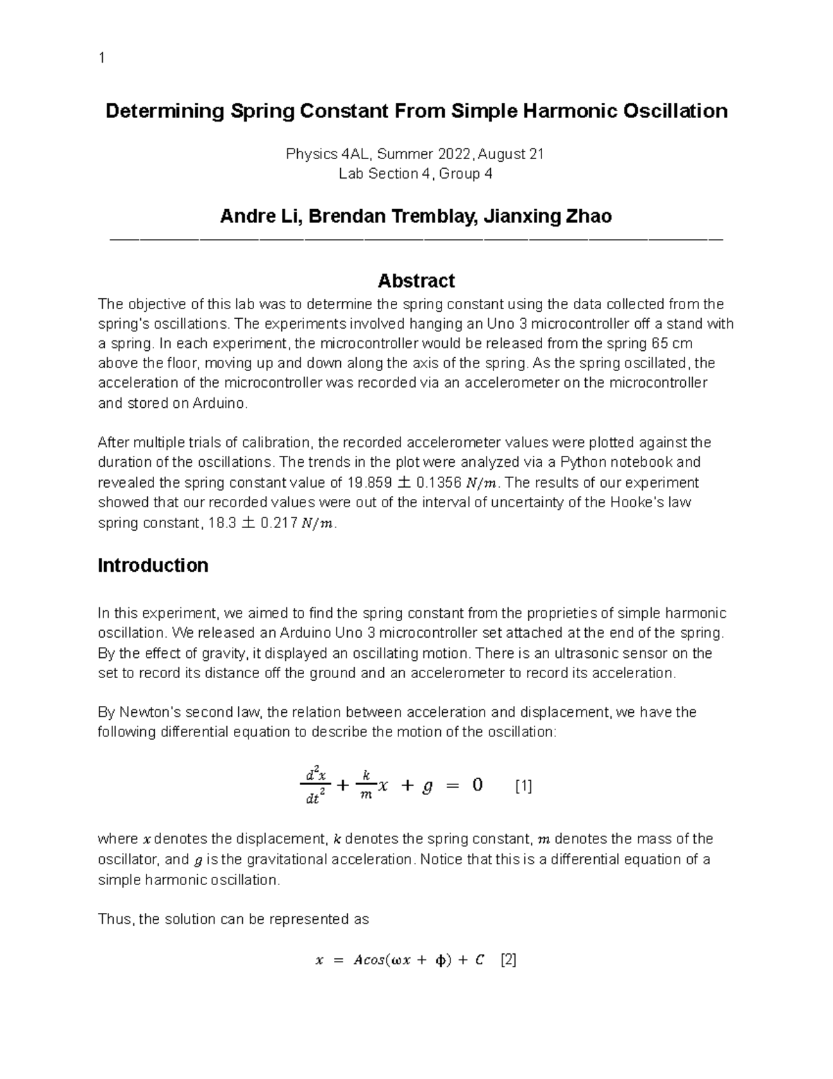 Unit 3 Report Determining Spring Constant From Simple Harmonic
