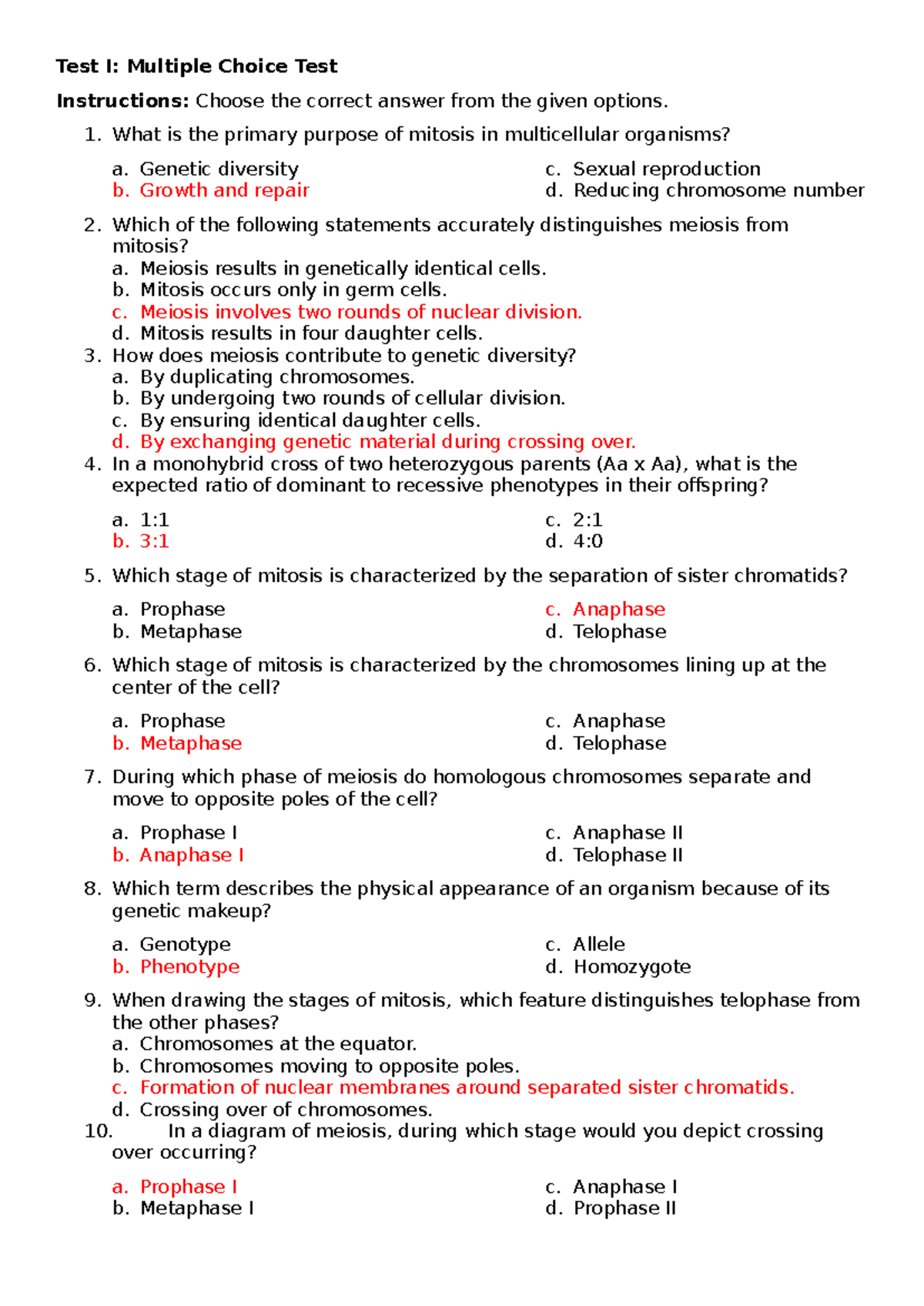 Week 2 test - Long test - Meiosis and Mitosis - Test I: Multiple Choice ...