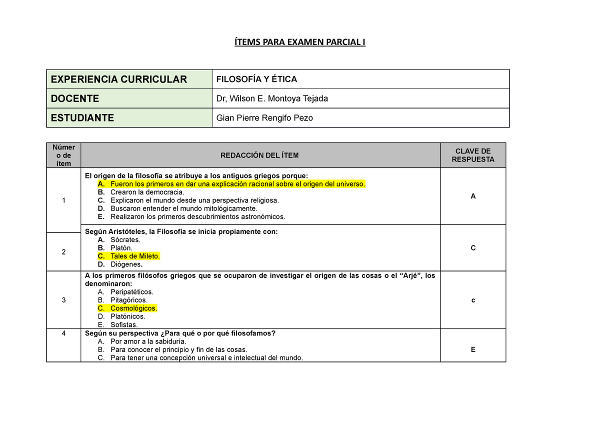 Ítems PARA Examen Parcial I - ÍTEMS PARA EXAMEN PARCIAL I EXPERIENCIA ...