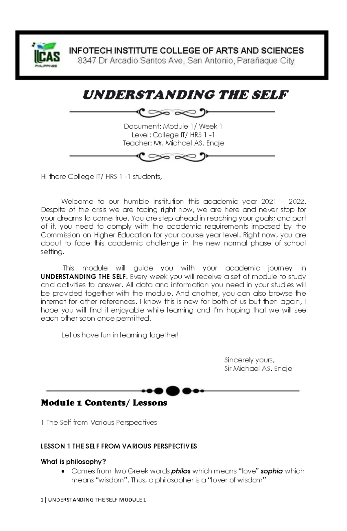 Understanding THE SELF Module 1 - UNDERSTANDING THE SELF Document ...