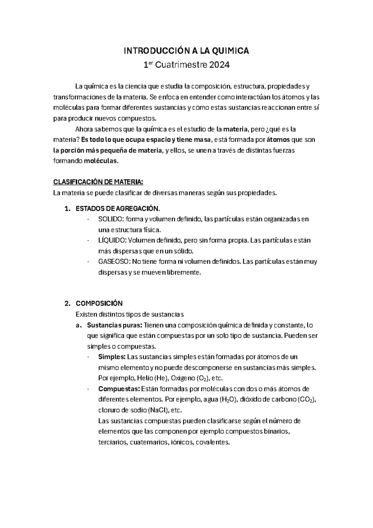 Clase 1 - Estructura de la materia - INTRODUCCIÓN A LA QUIMICA 1 er ...