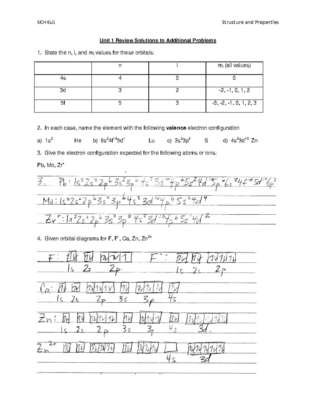 Chemistry Assignment - Unit 1 Review Solutions to Additional Problems 1 ...