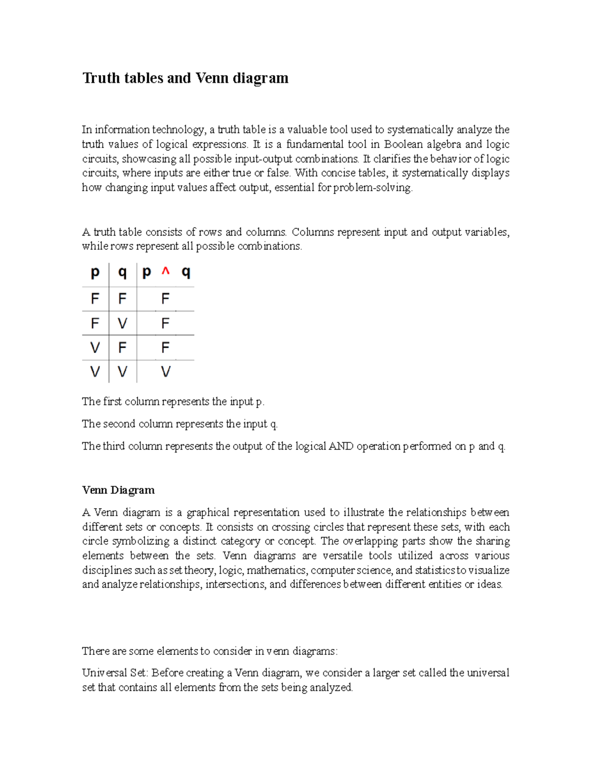 Truth tables and Venn diagram TI - Truth tables and Venn diagram In ...