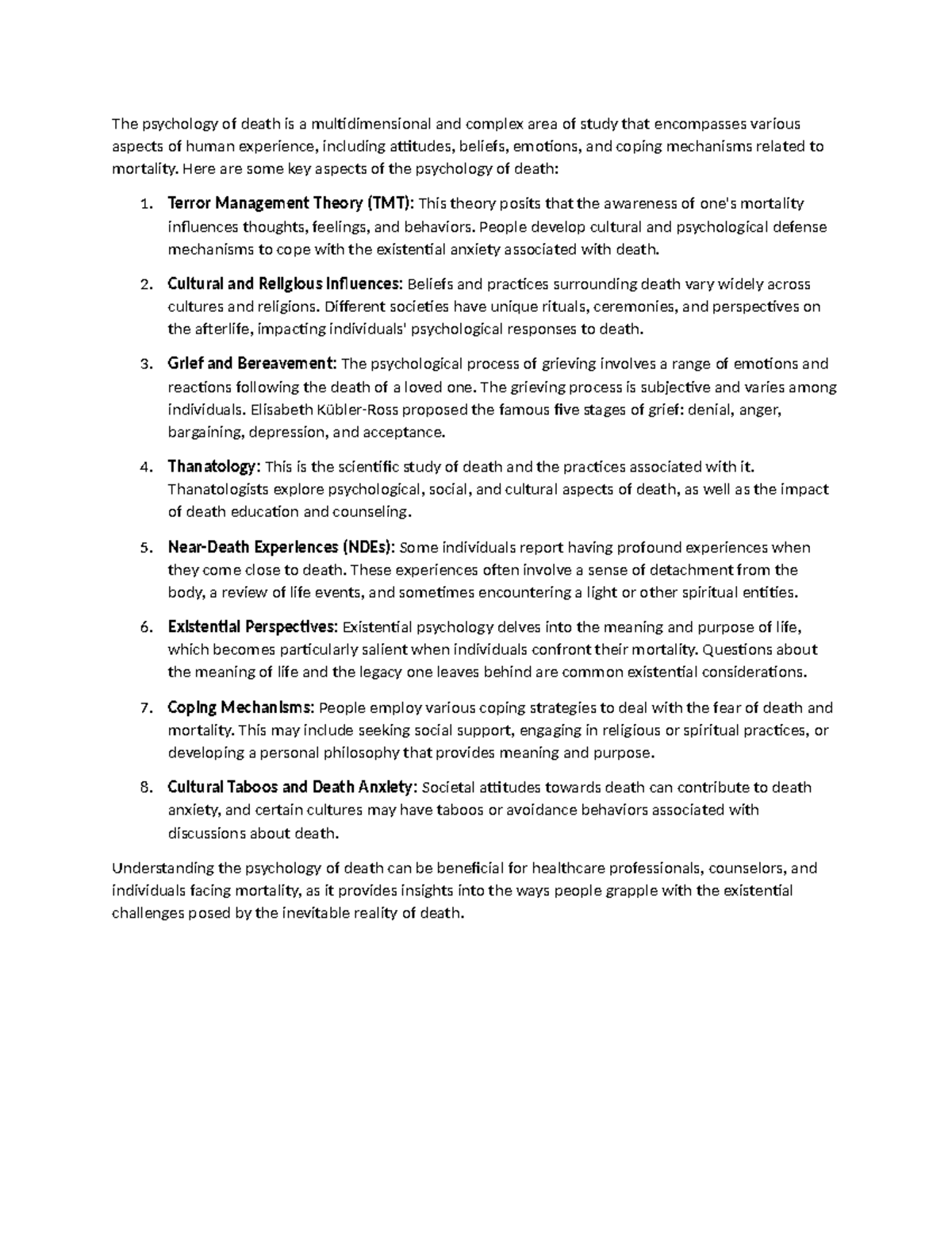 PSYC 2 - notes - The psychology of death is a multidimensional and ...