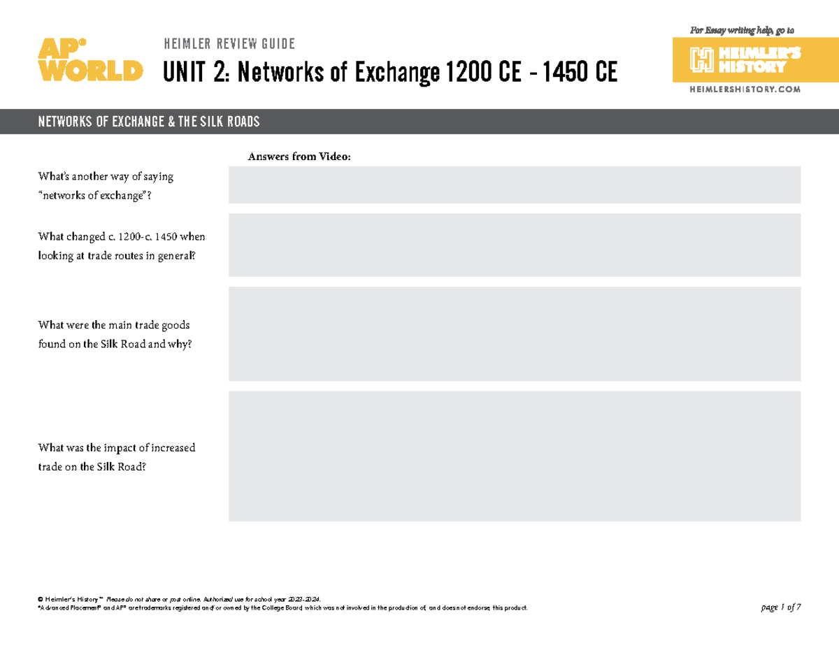 AP World HRG Unit 2 Noteguide - © Heimler’s History TM Please do not ...