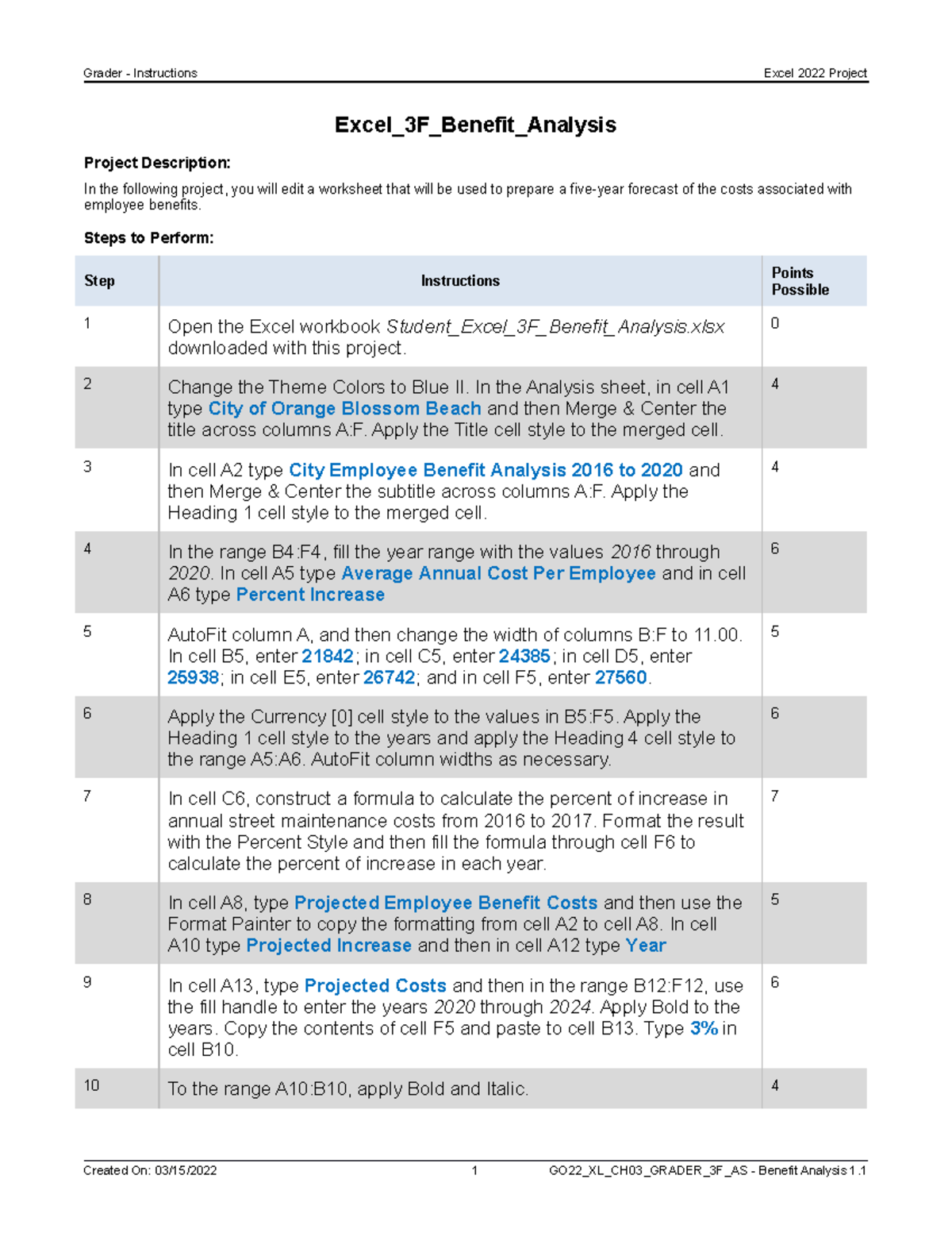 Excel 3F Benefit Analysis Instructions - Grader - Instructions Excel ...