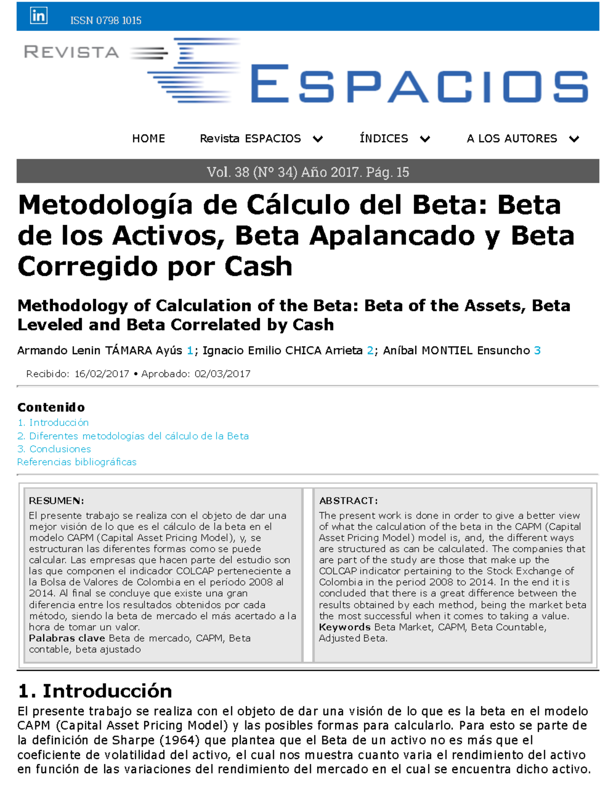BETA - ATa - ISSN 0798 1015 HOME Revista ESPACIOS ÍNDICES A LOS AUTORES ...