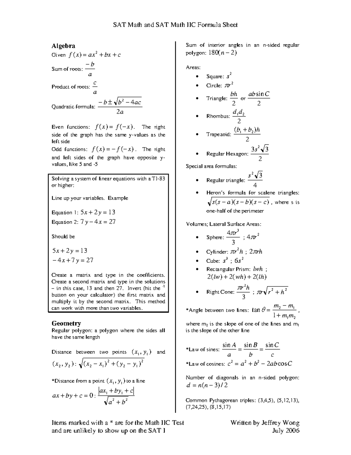 54417648 SAT Math and Math 2C Formula Sheet - SAT Math and SAT Math IIC ...