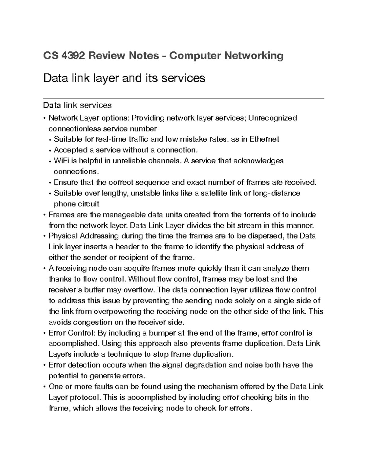 Cs 4392 Notes - Dll - Cs 4392 Review Notes - Computer Networking Data 