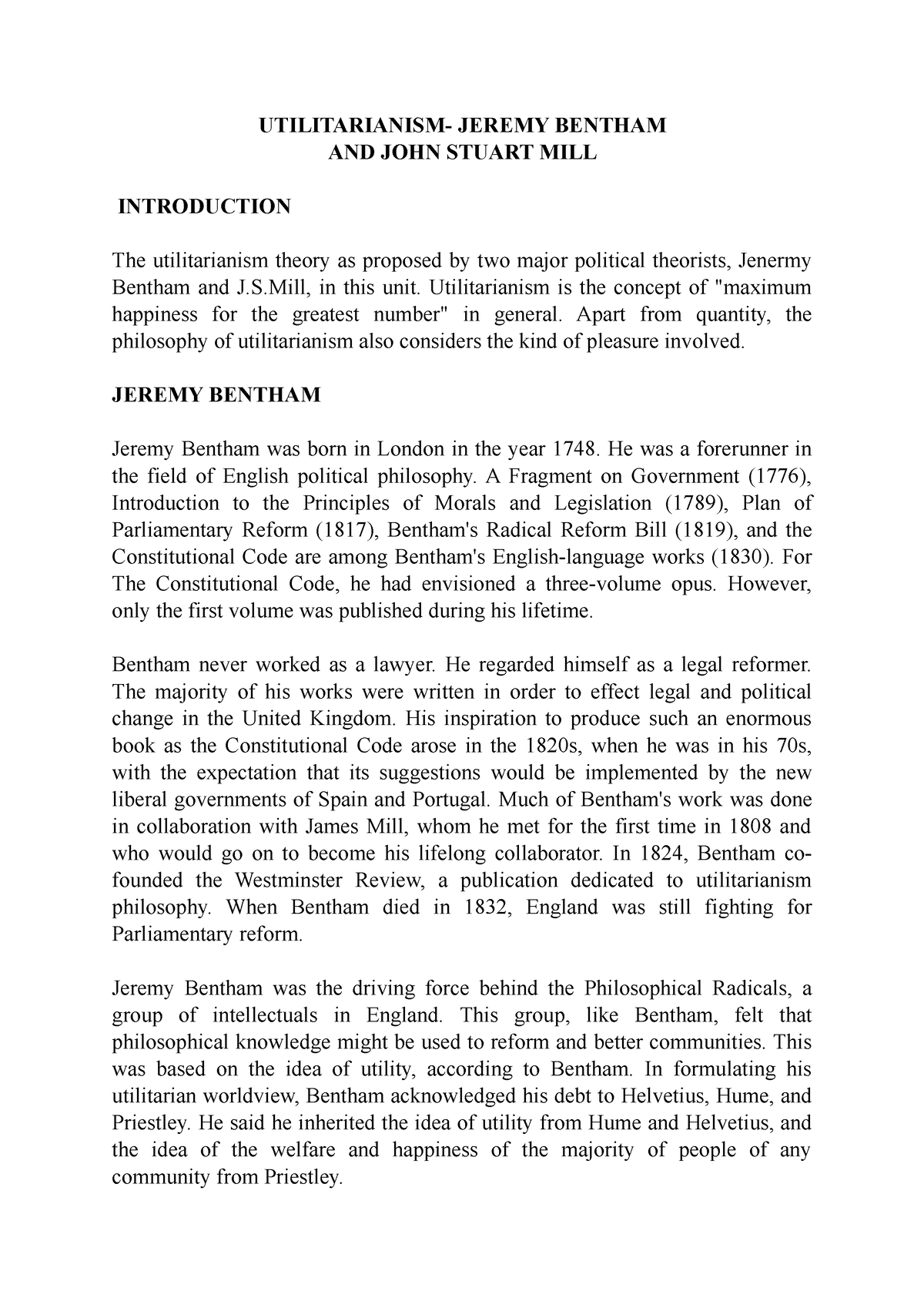 utilitarianism of jeremy bentham essay