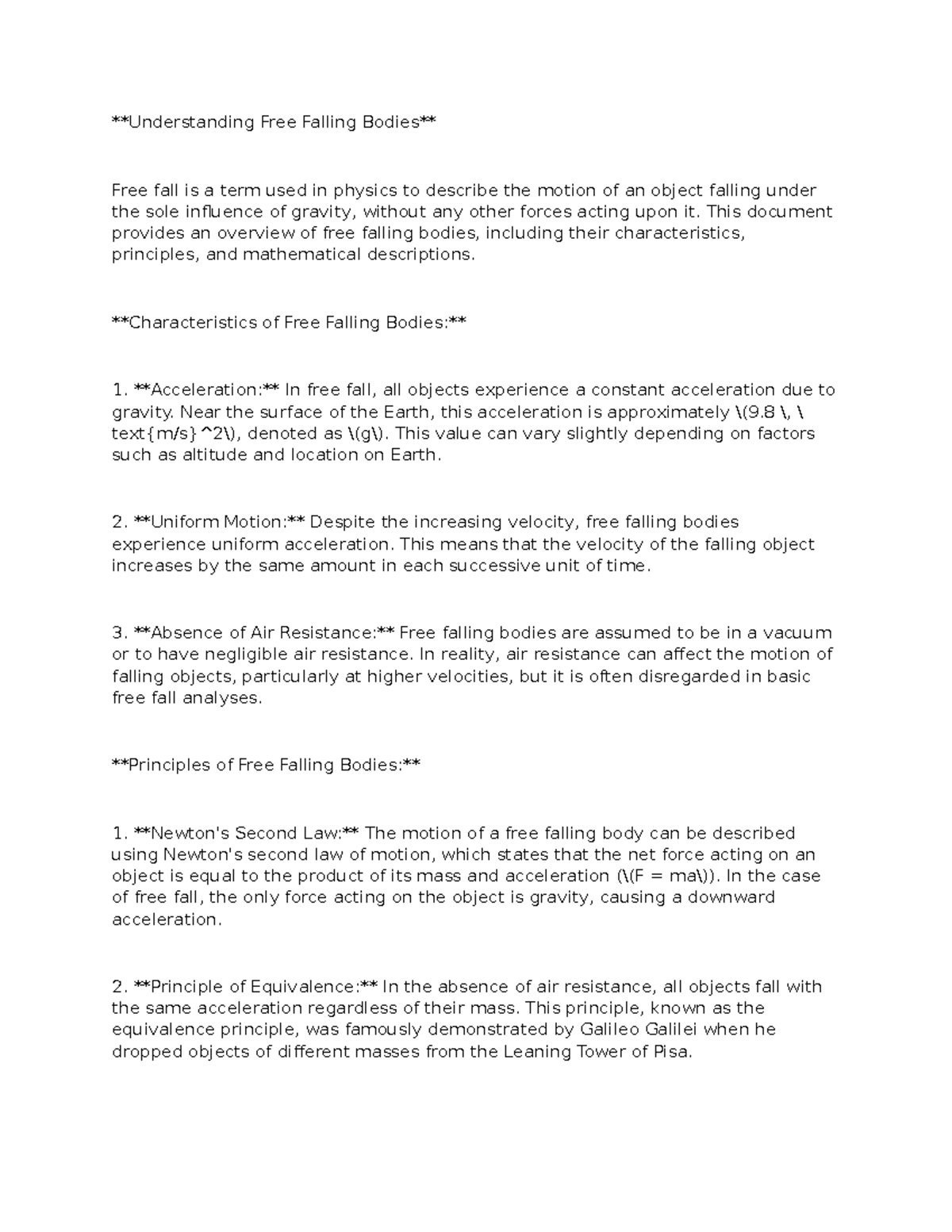 Physics 3 - discussion notes - Understanding Free Falling Bodies Free ...