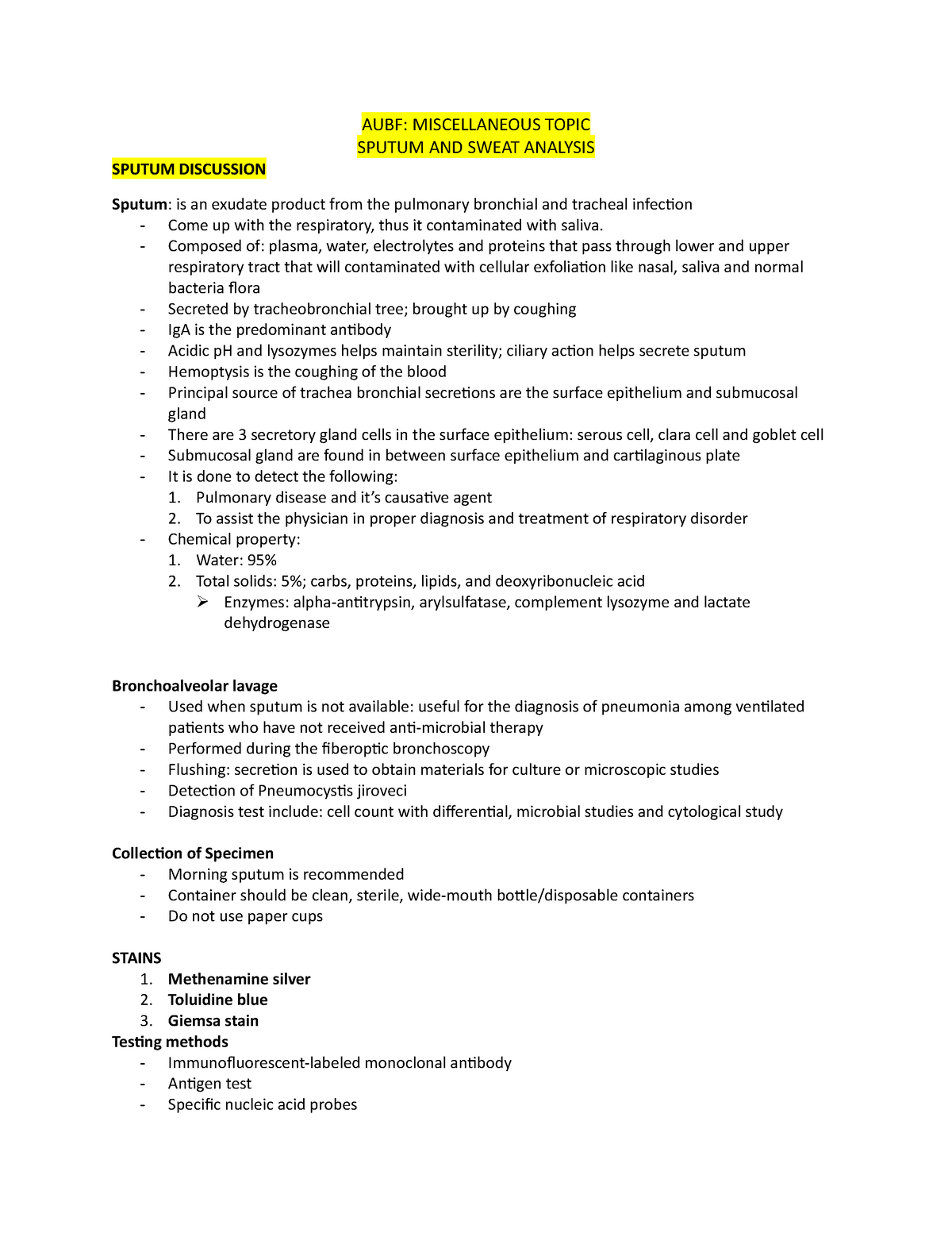 AUBF Sputum AND Sweat - Lecture Notes None - AUBF: MISCELLANEOUS TOPIC ...