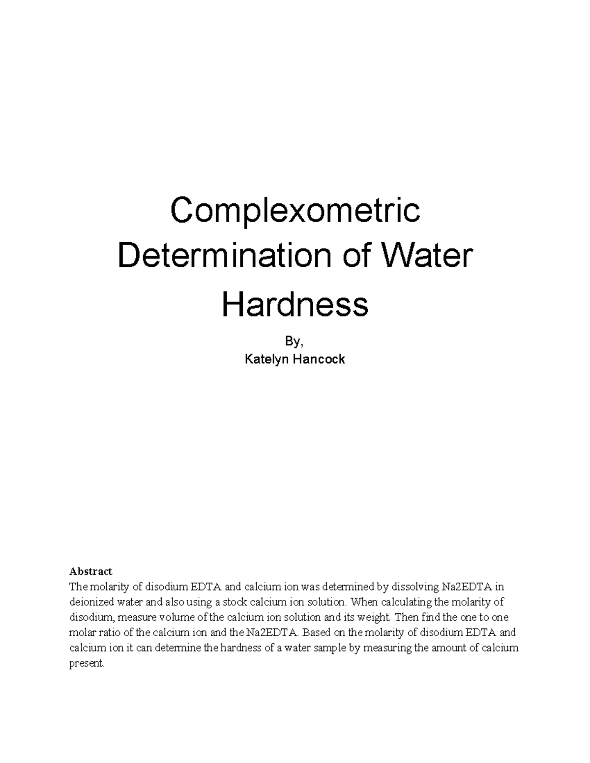 Complexometric Determination Of Water Hardness - Studocu