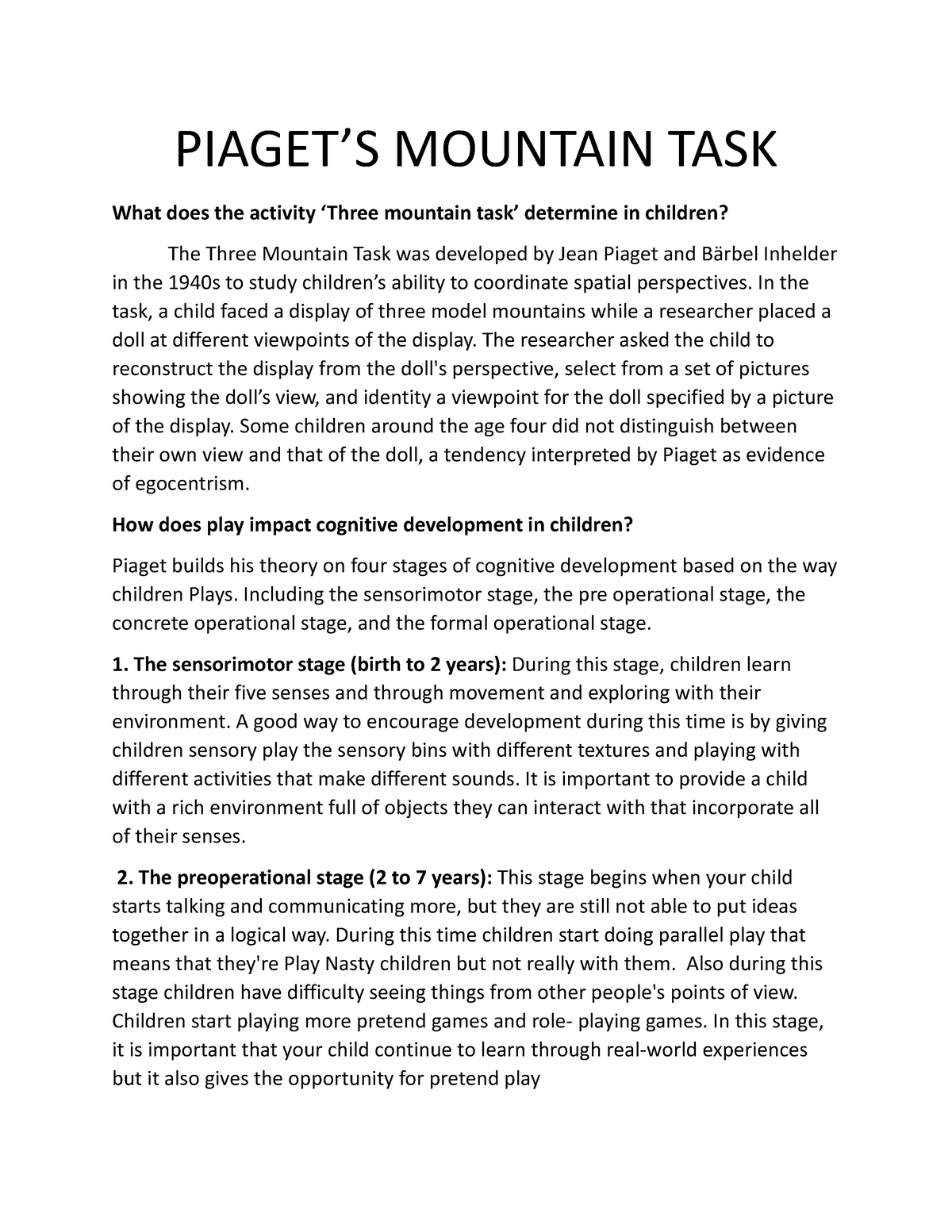 Piaget S Mountain TASK ask children to see three mountains in