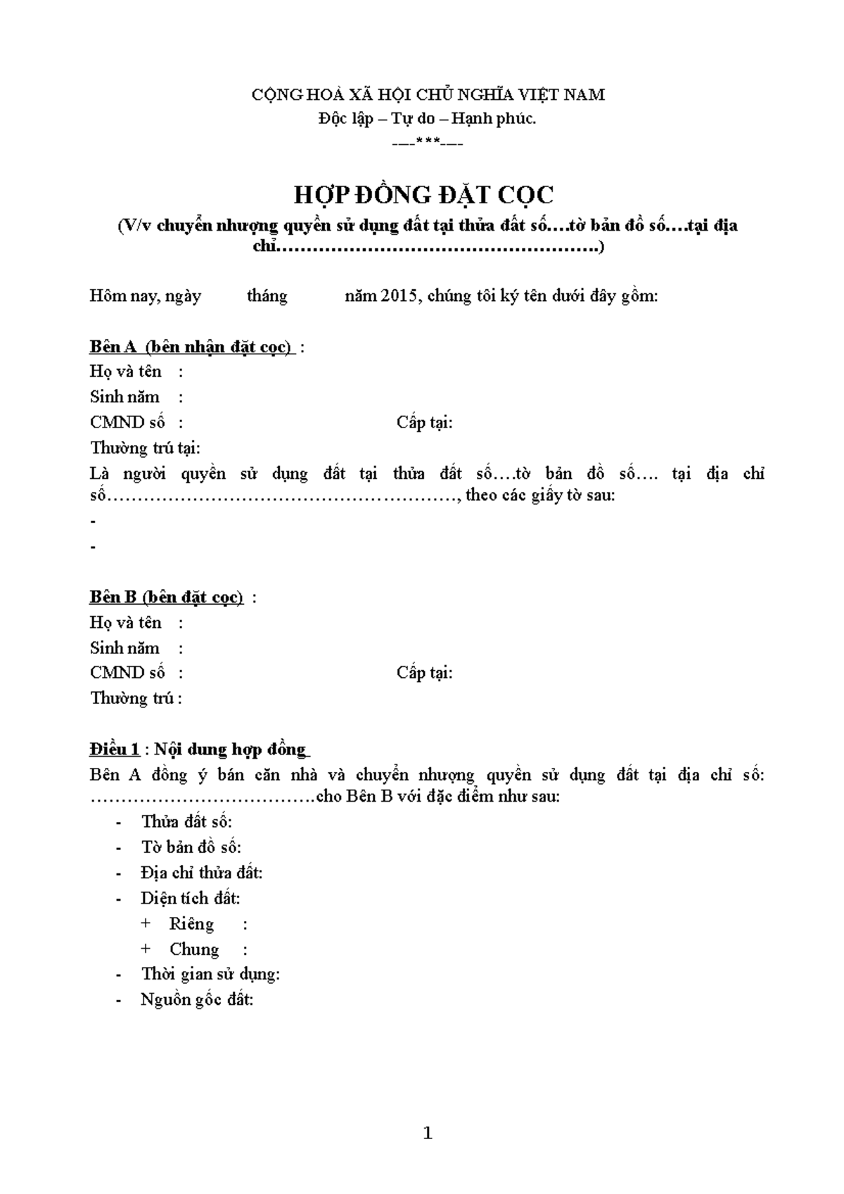 MAU HOP DONG DAT COC MB ĐẤT - CỘNG HOÀ XÃ HỘI CHỦ NGHĨA VIỆT NAM Độc ...