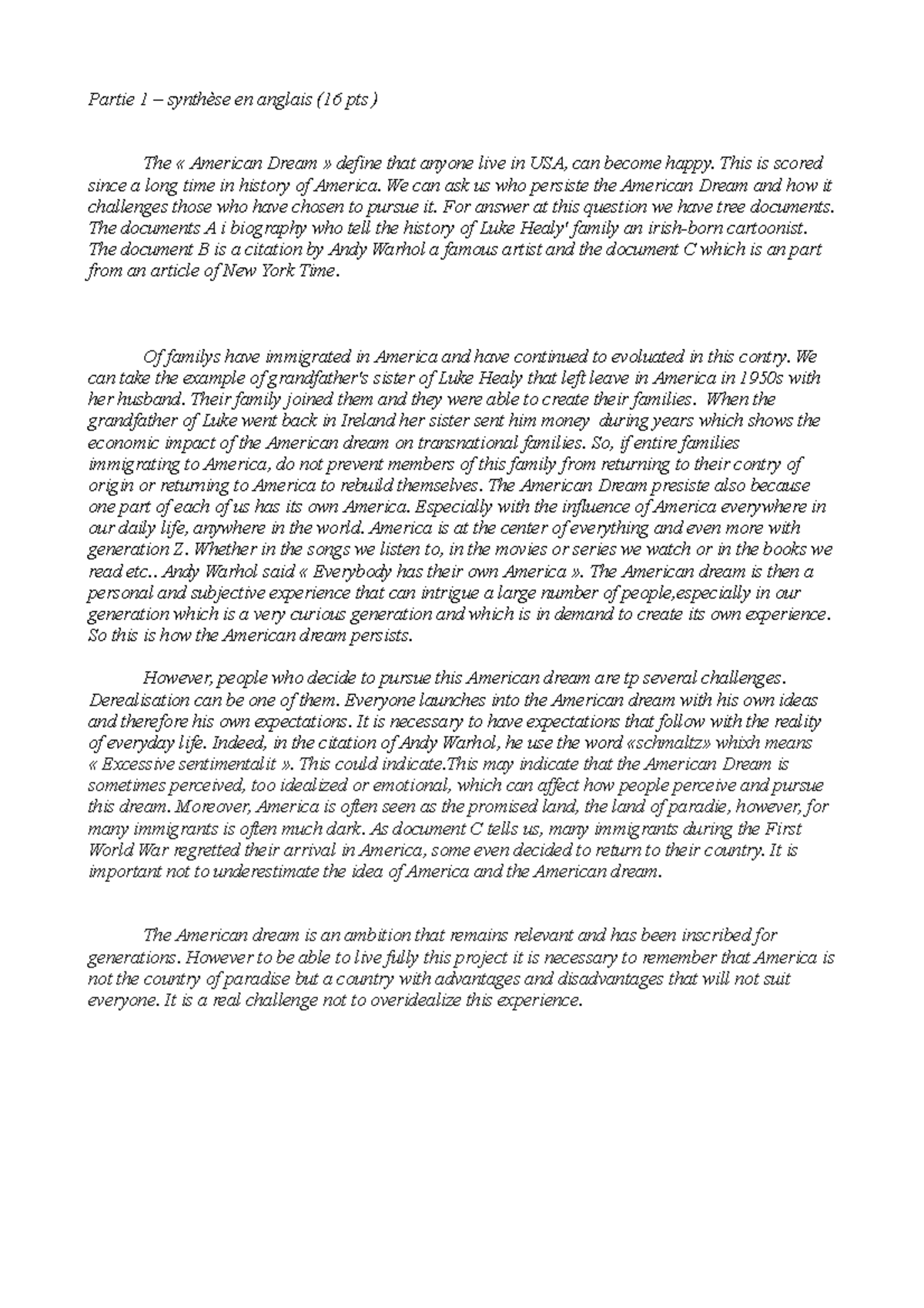 Spé anglais spé angalis Partie 1 synthèse en anglais (16 pts