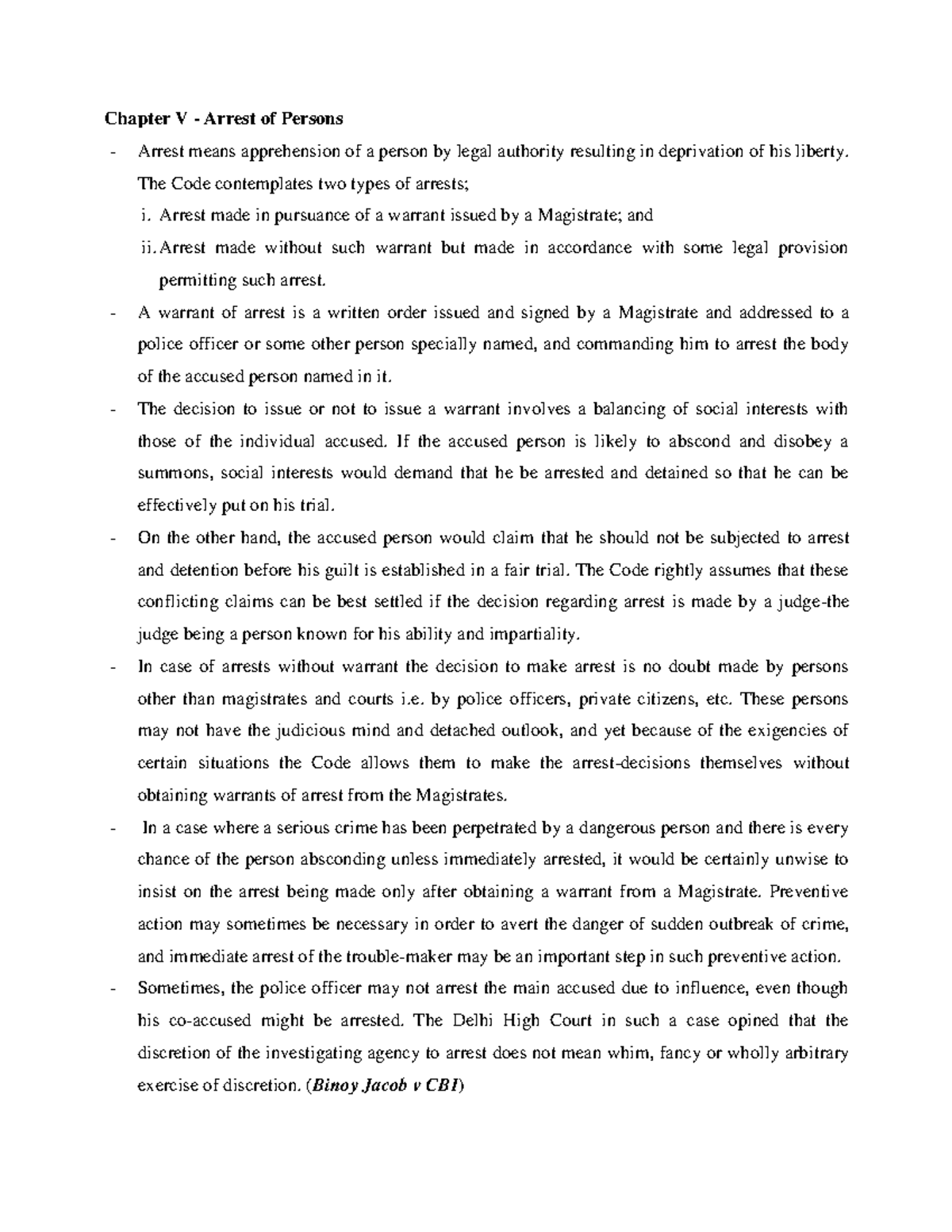 Chapter V Arrest Chapter V Arrest of Persons Arrest means