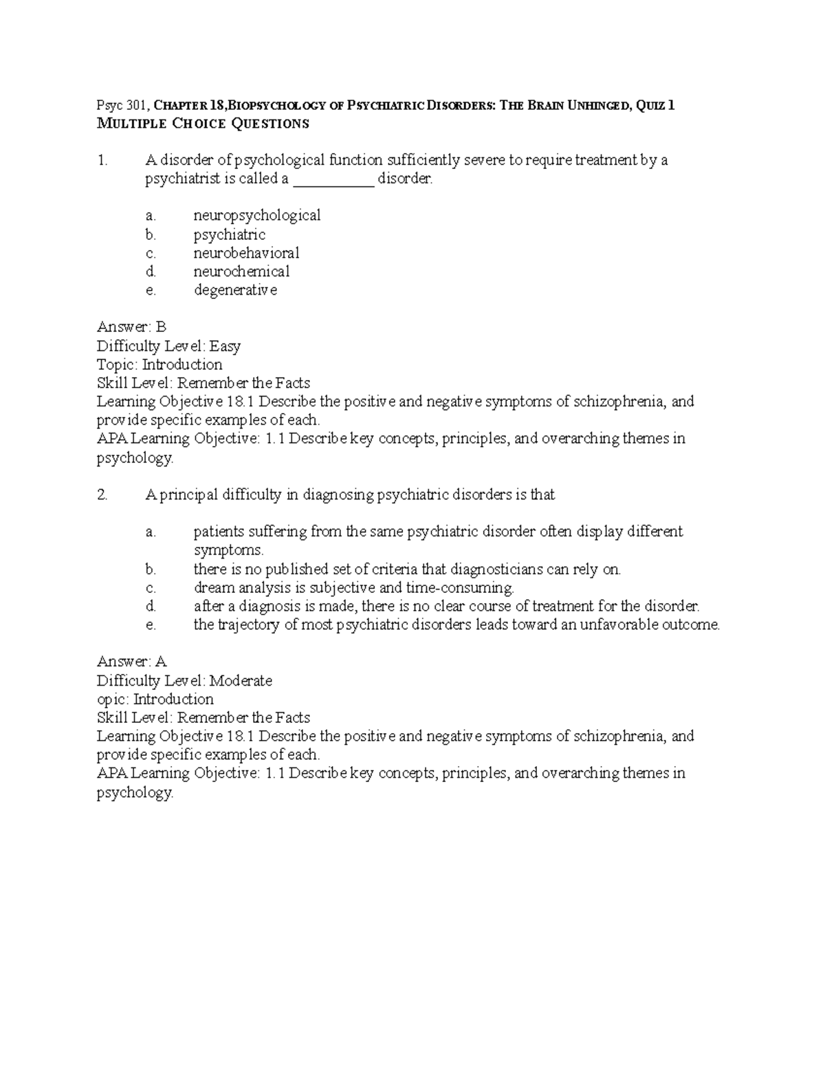 Psyc 301, Chapter 18, Biopsychology OF Psychiatric Disorders THE Brain ...