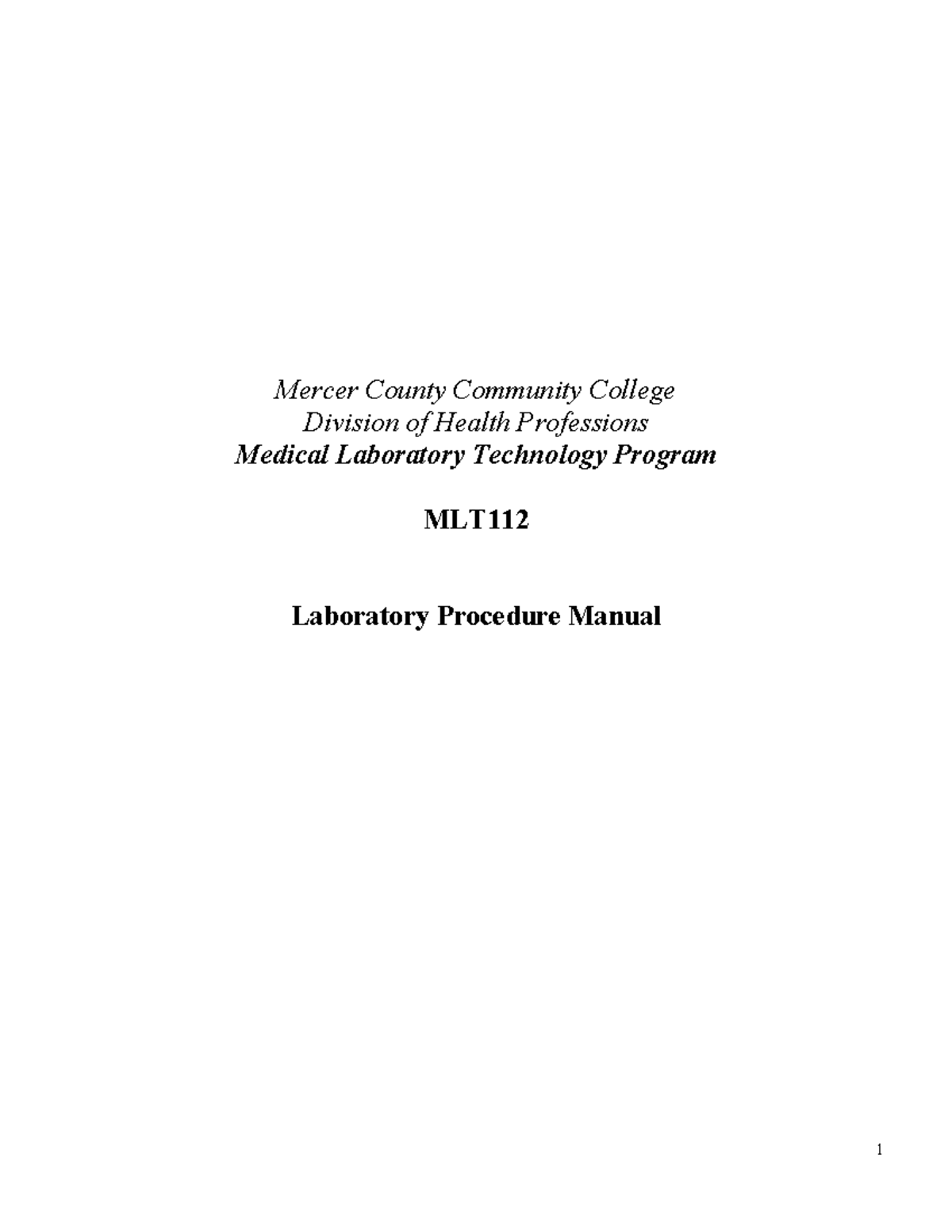MLT112 Laboratory Procedure Manual Mercer County Community College