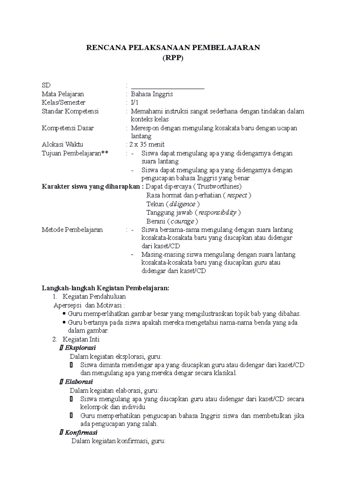 RPP Bahasa Inggris. Kelas 1 Semester 1 - RENCANA PELAKSANAAN ...