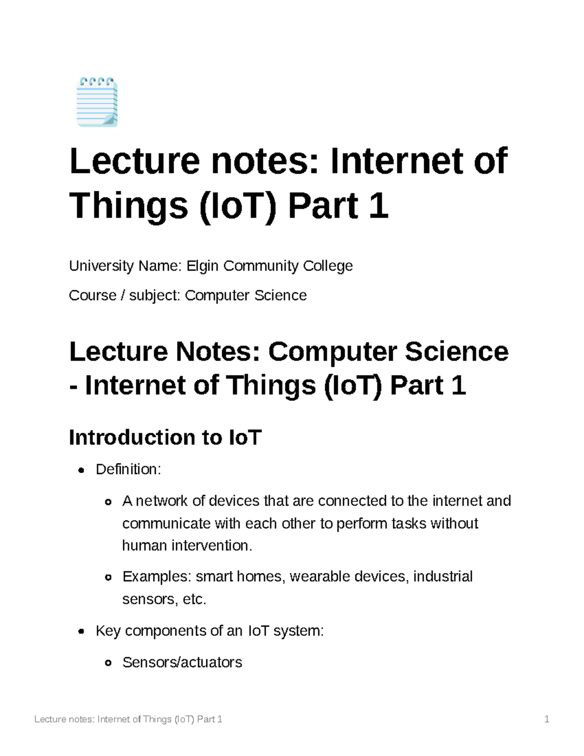 Lecture Notes Internet Of Things (Io T) Part 1 - F Lecture Notes ...